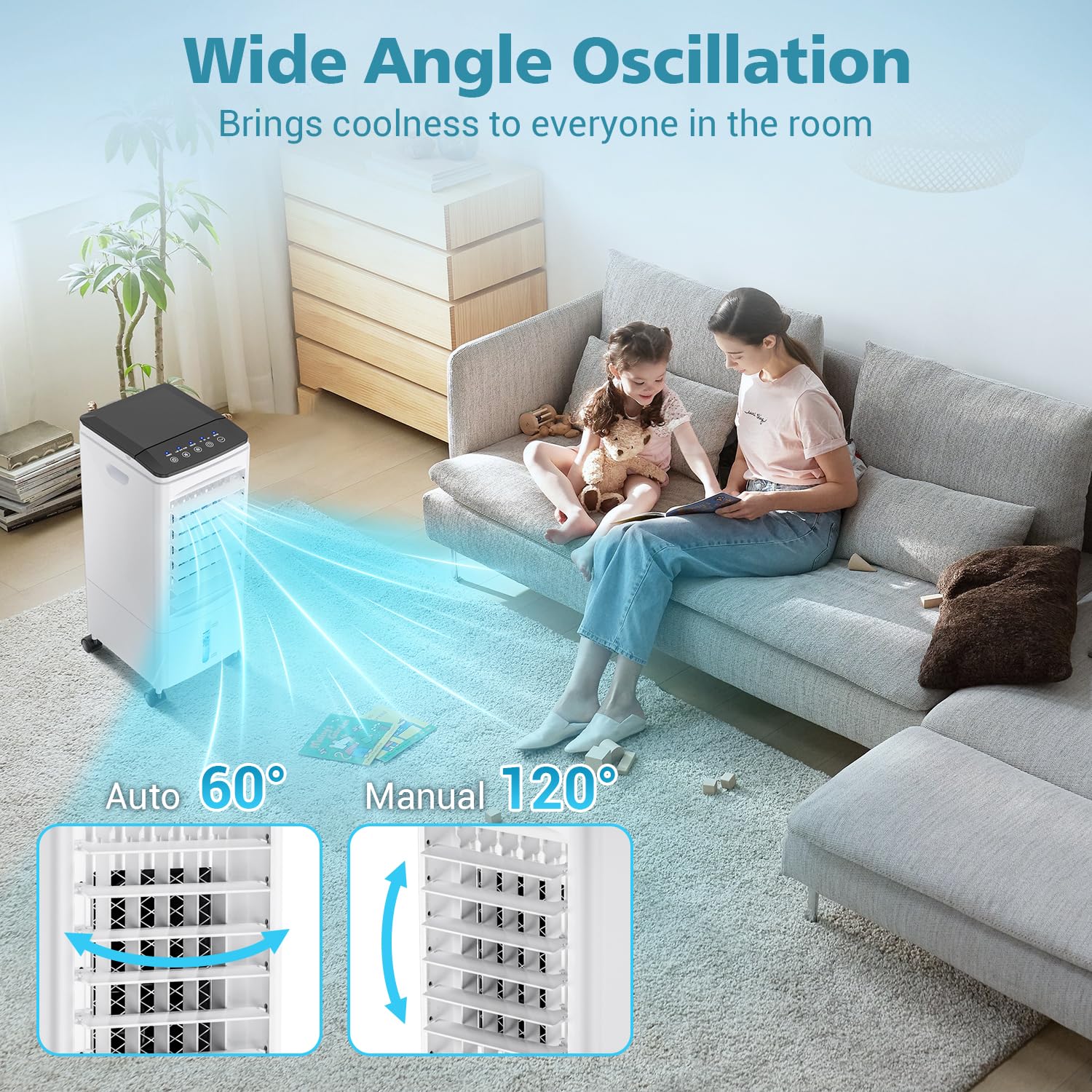 Portable Air Conditioner 3-in-1 Evaporative Air Cooler with Remote Control - 3 Speed Settings, 60° Oscillation, 1-7H Timer, 60W Energy Saving (Energy Class A++) - Perfect for Home, Office, Dorm & Small Spaces Cooling