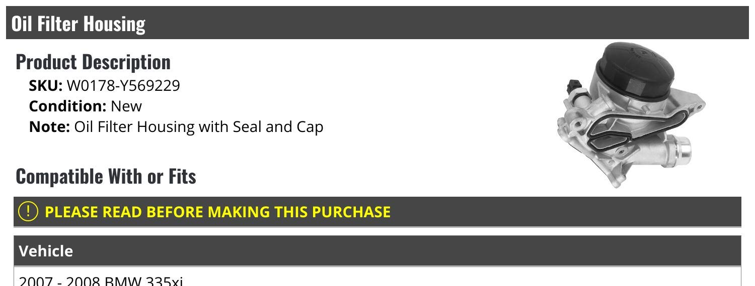 BMW 335xi Oil Filter Housing with Seal and Cap - Replacement for 2007-2008 Models | Perfect for DIY Car Maintenance & Engine Protection