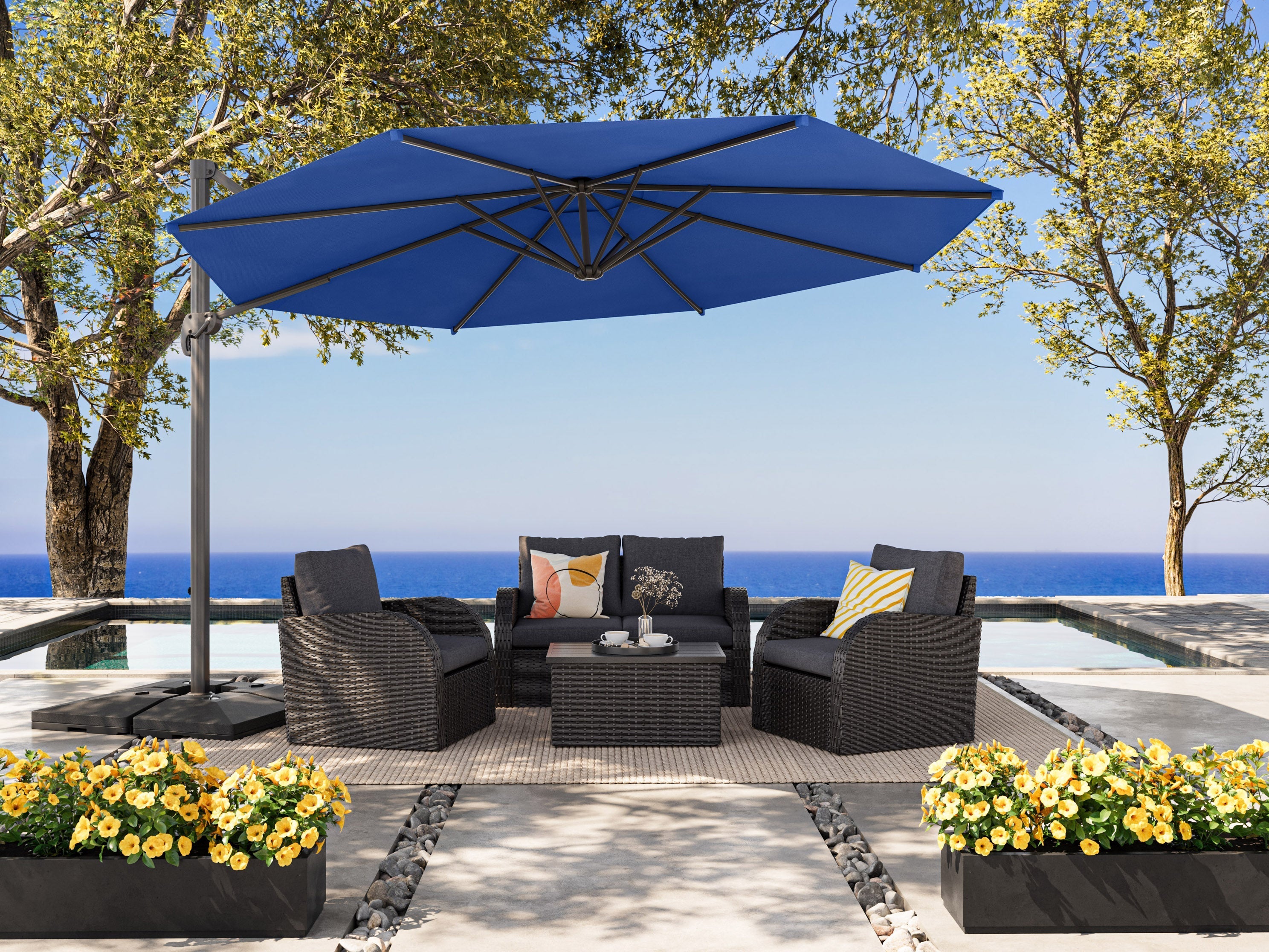 11.5ft Deluxe Offset Patio Umbrella - Cobalt Blue Outdoor Cantilever Umbrella for Poolside, Garden, and Backyard Relaxation