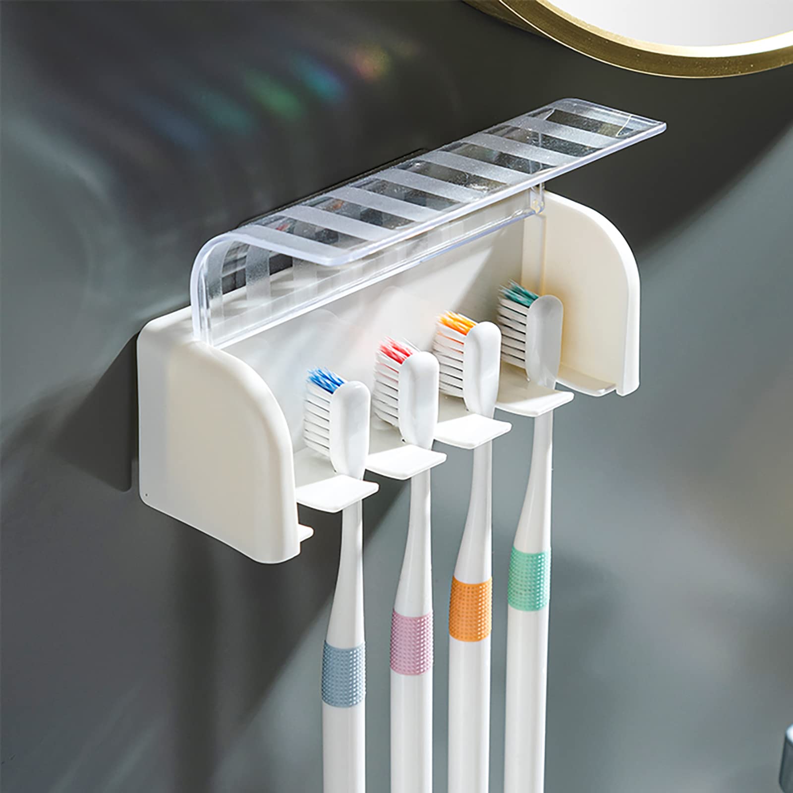 5-Slot Wall Mount Toothbrush Holder with Cover - Self-Adhesive Bathroom Organizer for Toothbrushes (White) | Perfect for Dorm, Apartment & Shower Storage - Holds 5 Toothbrushes Hygienically