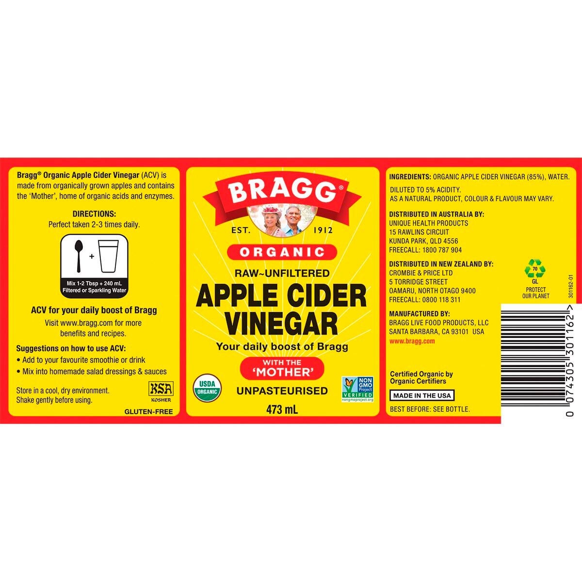 Bragg Organic Apple Cider Vinegar with Mother - Raw, Unfiltered, Gluten-Free - Supports Digestion & Weight Loss - Perfect for Salad Dressings, Detox Drinks & Home Remedies