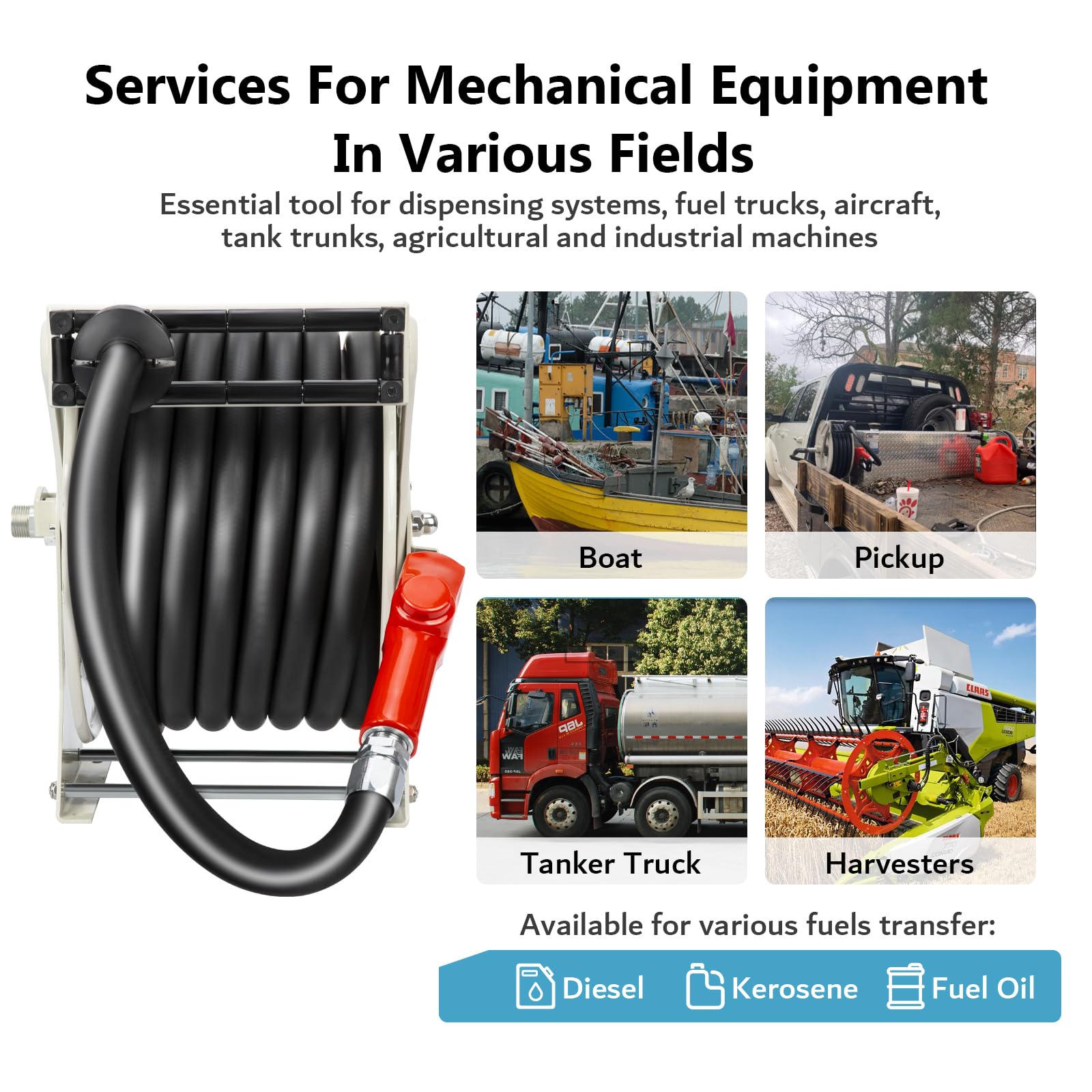 1 Inch Heavy Duty Retractable Fuel Hose Reel - 50ft Diesel Fuel Hose with Nozzle, 300 PSI Spring Driven Autoswing for Fast Pumping - Ideal for Tank Trucks, Boats, Air Vehicles & Automotive Use
