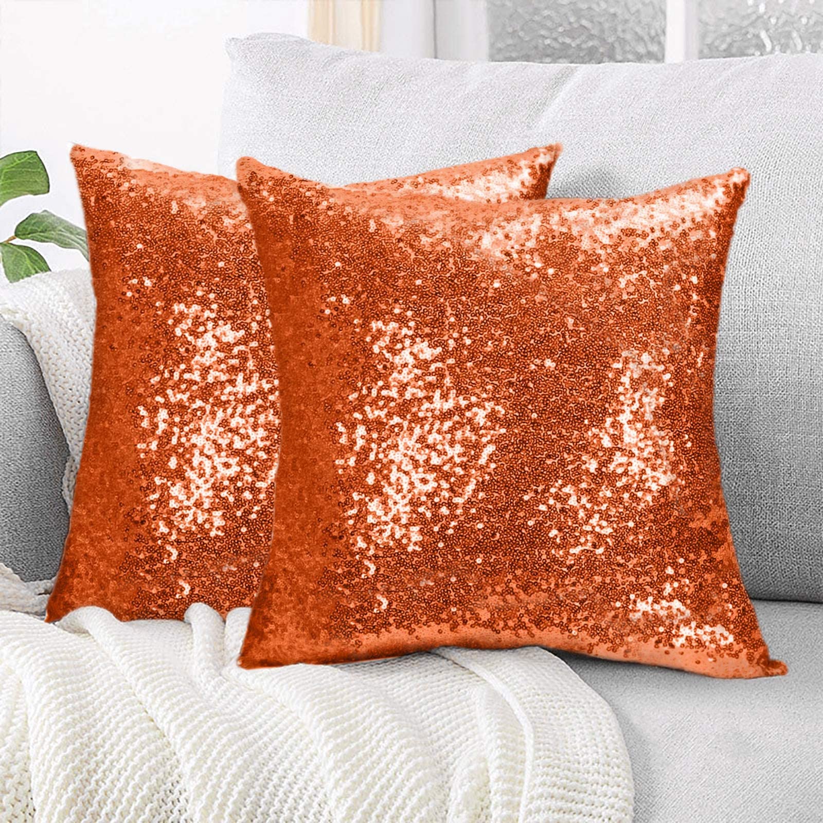 ShinyBeauty Sequin Pillow Cover 20x20 Inches 2 Pack - Orange Glitter Throw Pillow Cases for Couch, Bed, Sofa - Sparkling Decorative Pillow Covers for Wedding, Home Decor, Christmas Party, Holiday Decorations (20x20 Inches, 2 Pieces, Orange) - Perfect for Living Room Accents, Bedroom Decor & Festive Celebrations