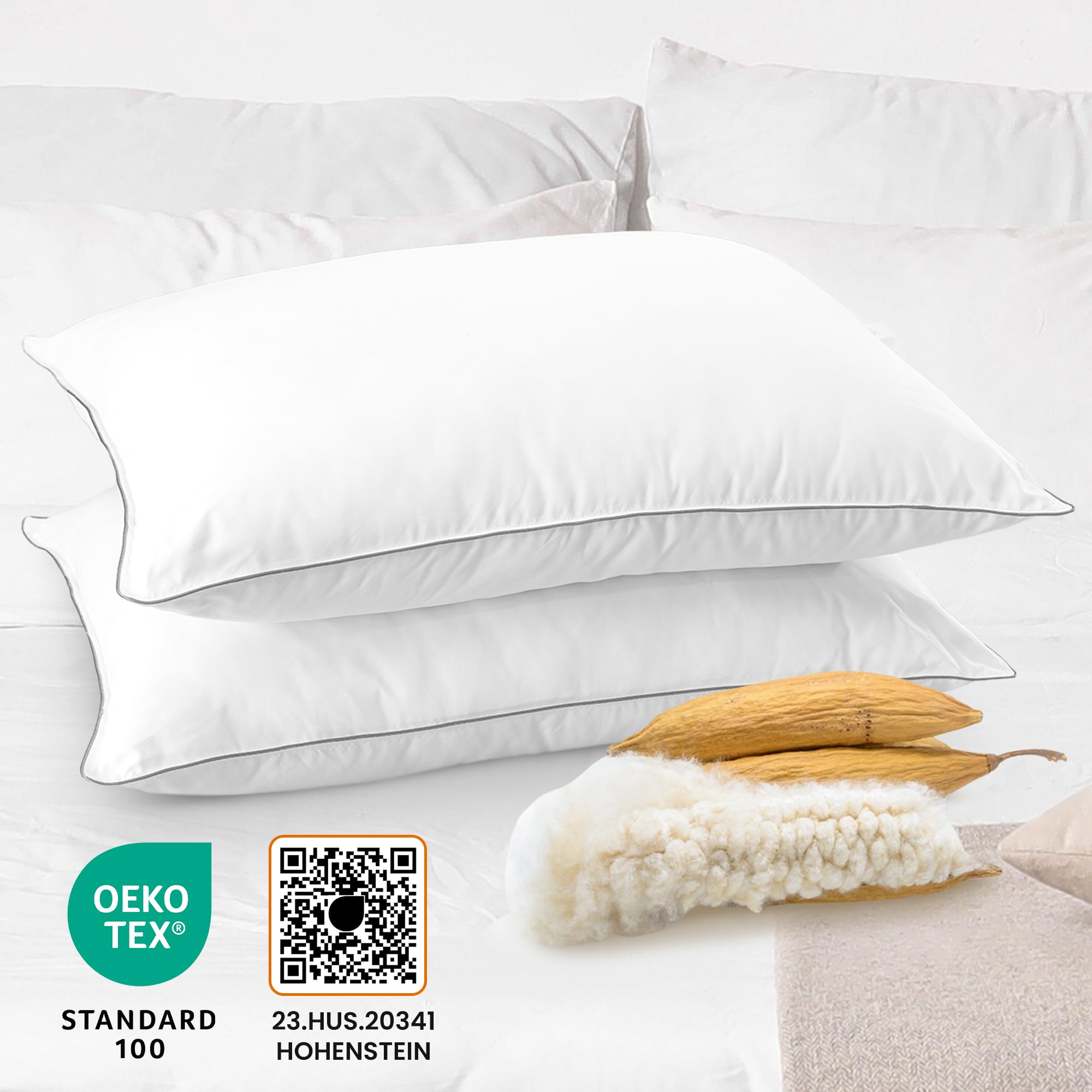 Organic Kapok Bed Pillows Set of 2 - Natural Kapok Fiber Filled Standard Size Sleeping Pillows (20