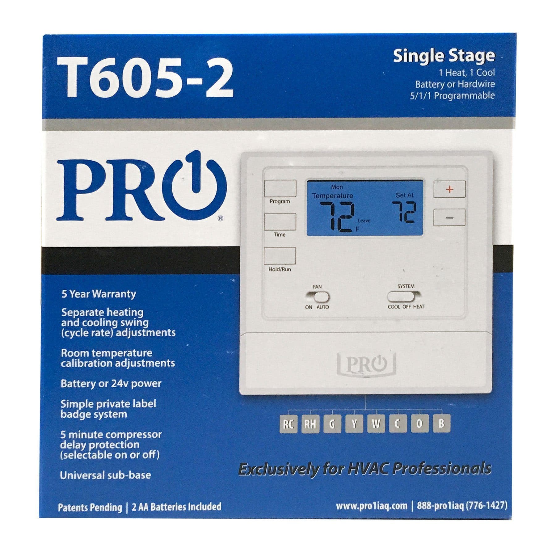 Pro1 T605 2H/2C 5+1+1 Programmable Smart Thermostat - WiFi Enabled for Home Heating & Cooling System Control - Perfect for Residential & Office Use