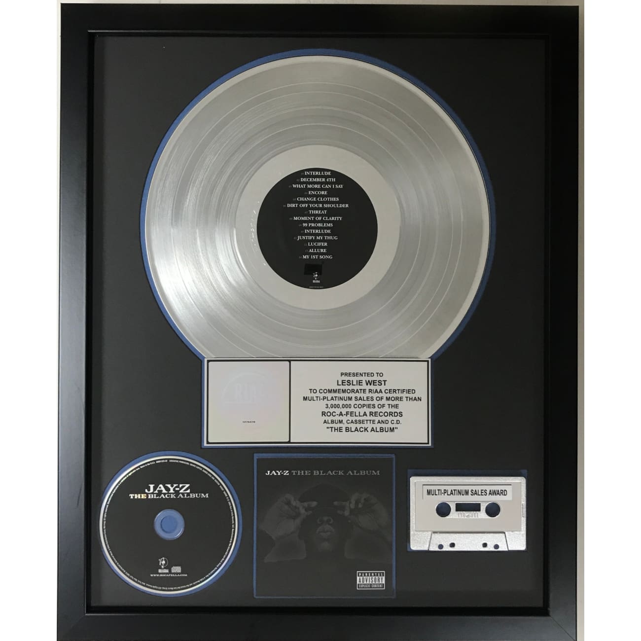 Jay Z The Black Album RIAA 3x Multi Platinum Award - Rare Collectible Music Memorabilia - Perfect for Music Fans & Collectors - Display in Home, Office or Music Studio