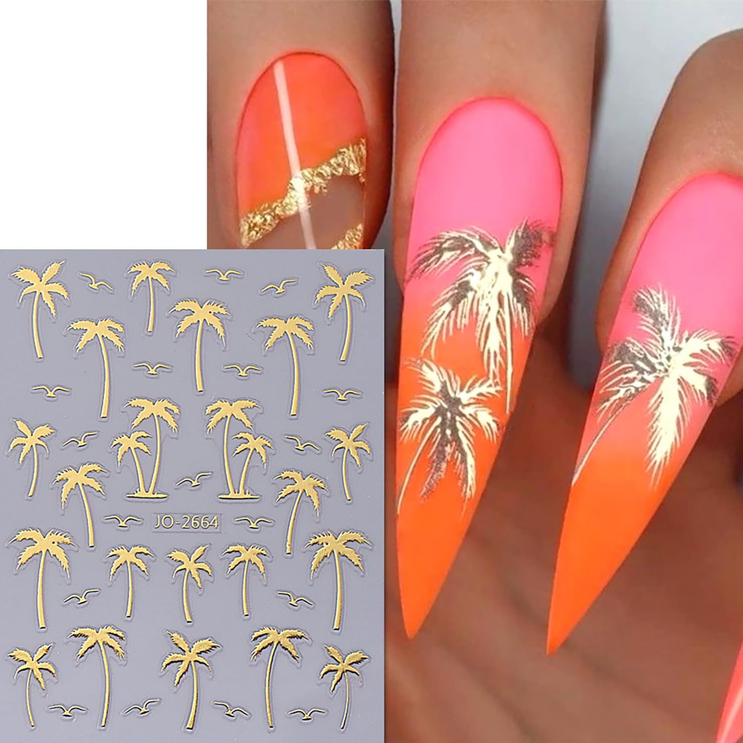 8 Sheets Coconut Tree Nail Art Stickers - 3D Self-Adhesive Summer Nail Decals with Black Gold Laser, Silver & Colorful Gradient Designs - Nail Art Supplies for Women - Perfect for Beach Vacations, Pool Parties & Tropical Summer Nail Designs