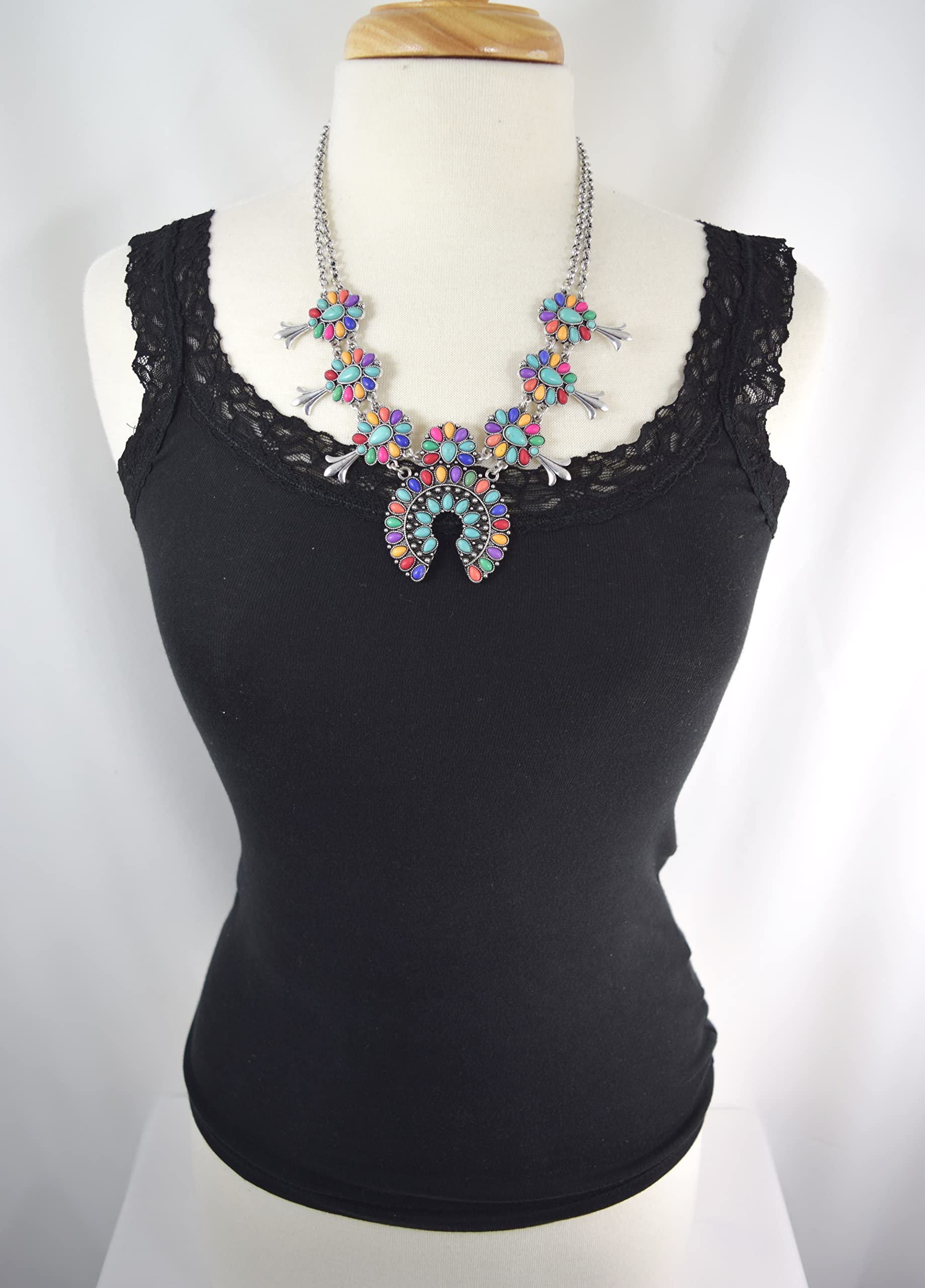 Stunning Western Turquoise Squash Blossom Statement Necklace & Earrings Set - Handmade Native American Jewelry for Women - Perfect for Boho Fashion, Festivals & Special Occasions