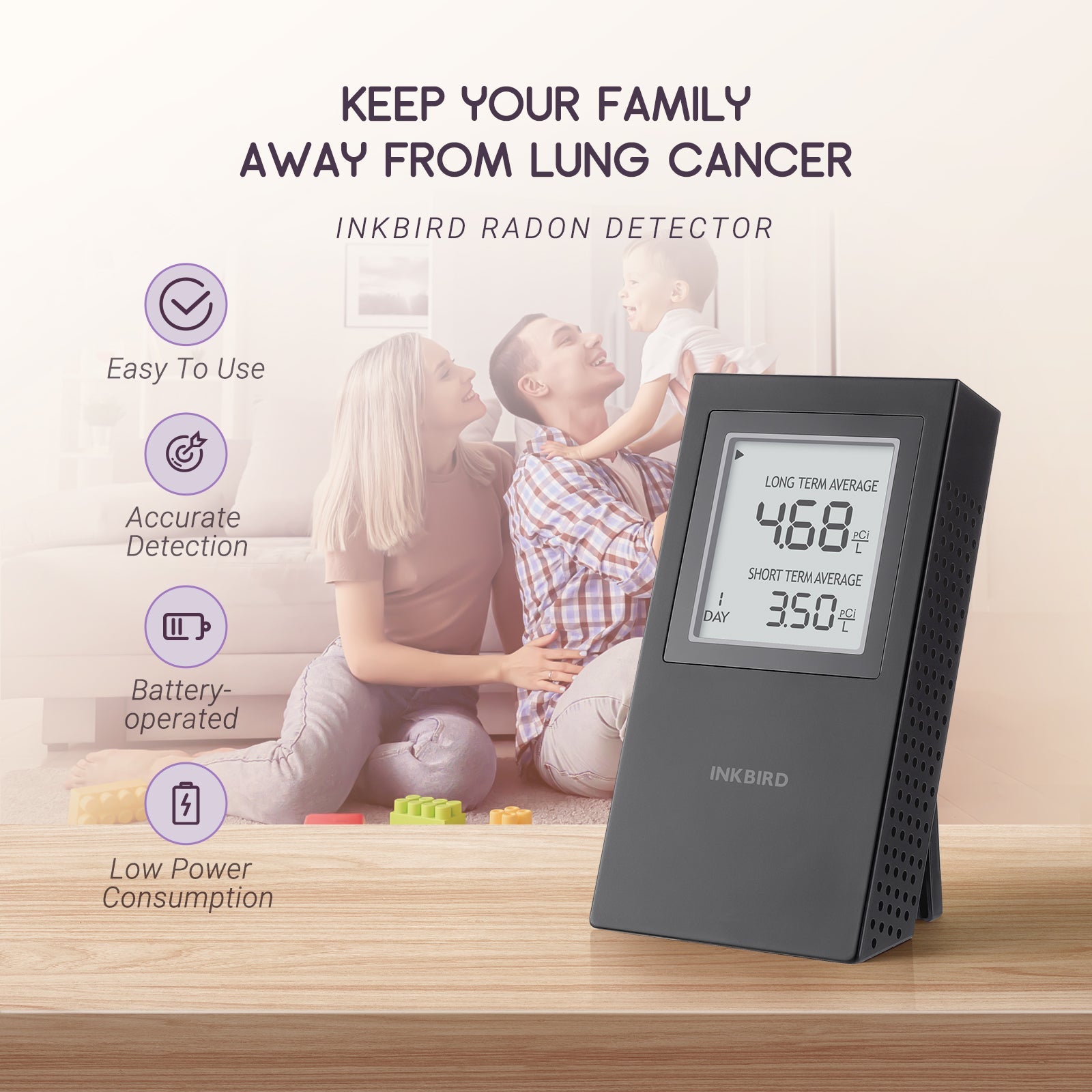 Radon Detector INK RD1 - Digital Radon Gas Monitor for Home & Office Safety - Continuous Air Quality Testing for Basements, Bedrooms & Workplaces