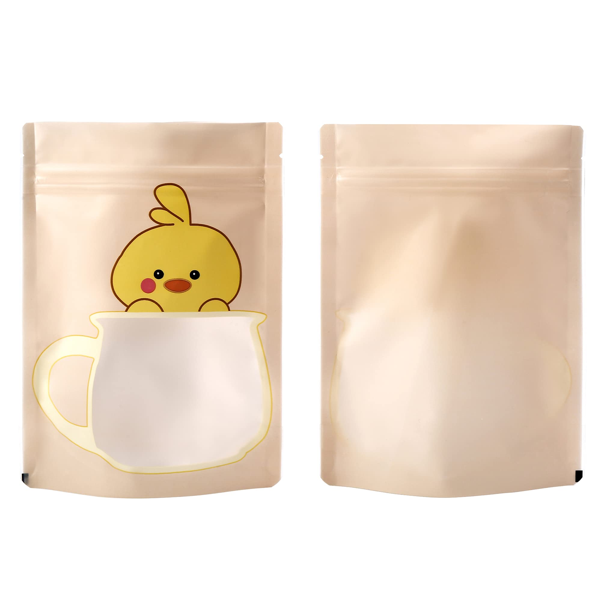 QQ Studio 100-Pack Animal Print Snack Bags - 5x7 Inch Plastic Bakery Bags with Window & Zipper Seal, Pastel Cookie Treat Bags for Kids Party Favors, School Lunches & Candy Storage (Peachy Duckling Design)