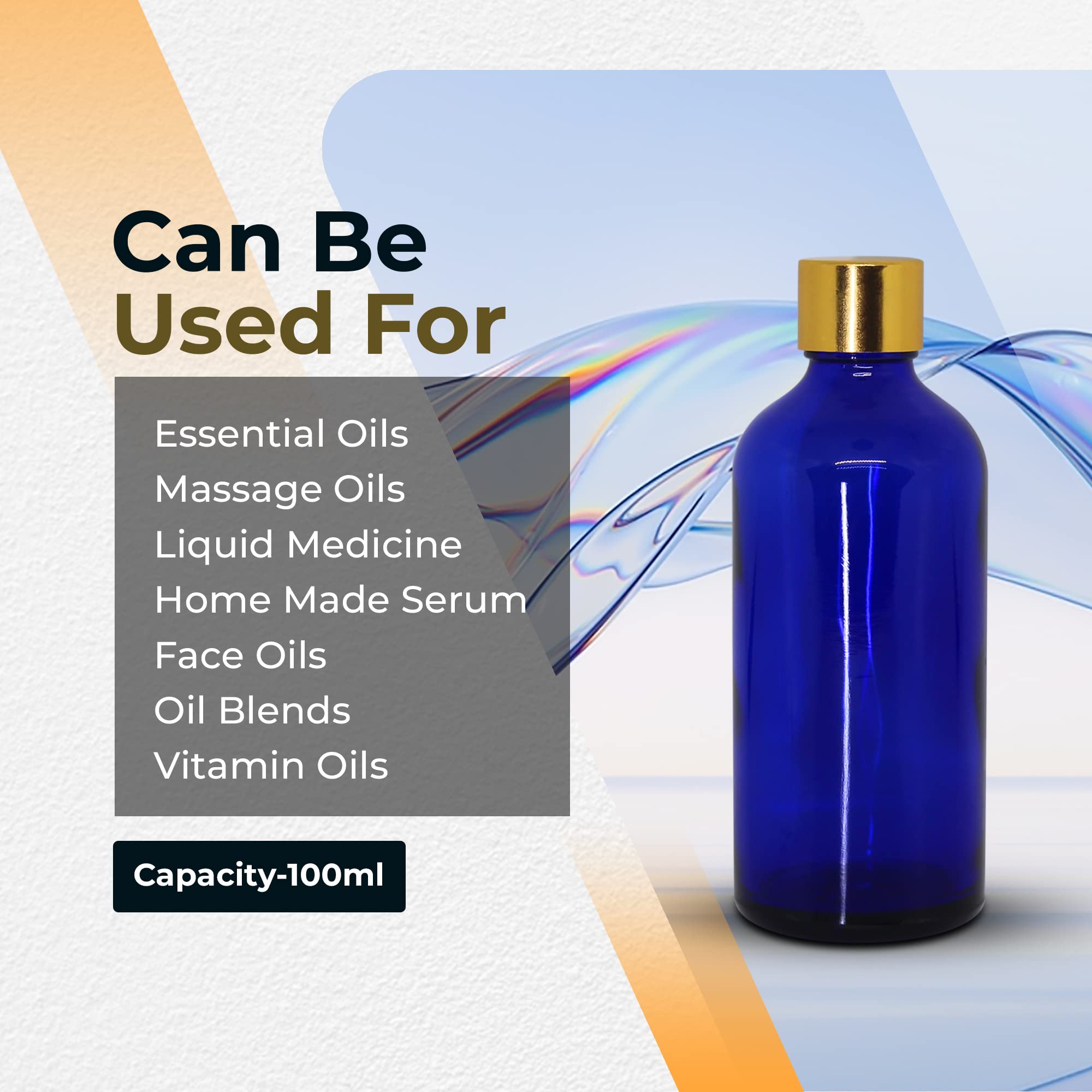 NSB Herbals 100ml Cobalt Blue Round Empty Glass Bottle with Gold Seal Cap & Safety Plug - Refillable, Reusable, Leak Proof for Essential Oils, Perfumes, Face Serums & DIY Blends - Perfect for Aromatherapy, Travel & Home Storage