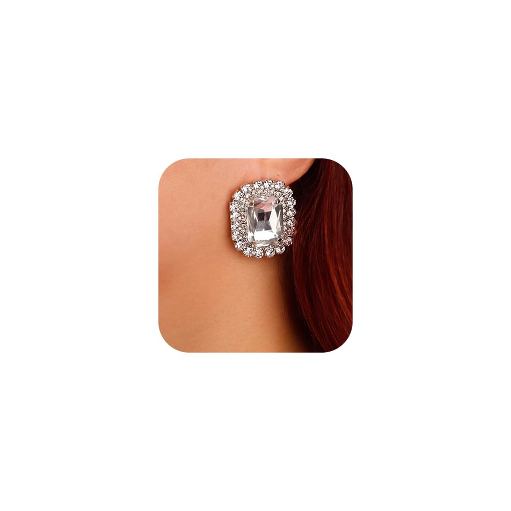 Denifery Square Crystal Rhinestone Stud Earrings for Women - Sparkling Dangle Drop Earrings in Silver - Perfect for Prom, Wedding, Party & Evening Events