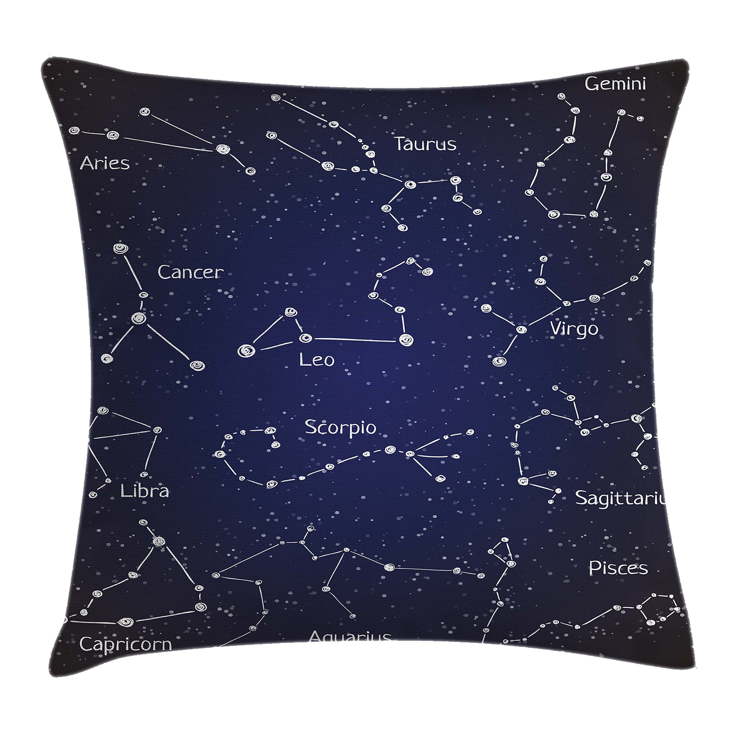 Ambesonne Constellation Throw Pillow Cover 28x28 Inches - Zodiac Star Clusters & Sign Names in Chalk Doodle Style - Dark Blue & White Square Decorative Cushion Case for Sofa, Bedroom, Living Room Decor