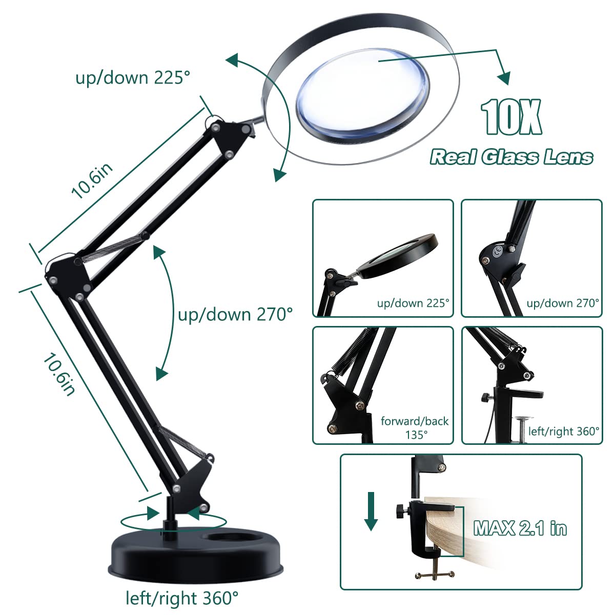 10X Magnifying Glass with LED Light & Stand - 3 Color Modes Adjustable Desk Lamp for Reading, Crafts, Jewelry Repair, Close Work & Hobby Projects - Ideal for Elderly, Artists & DIY Enthusiasts