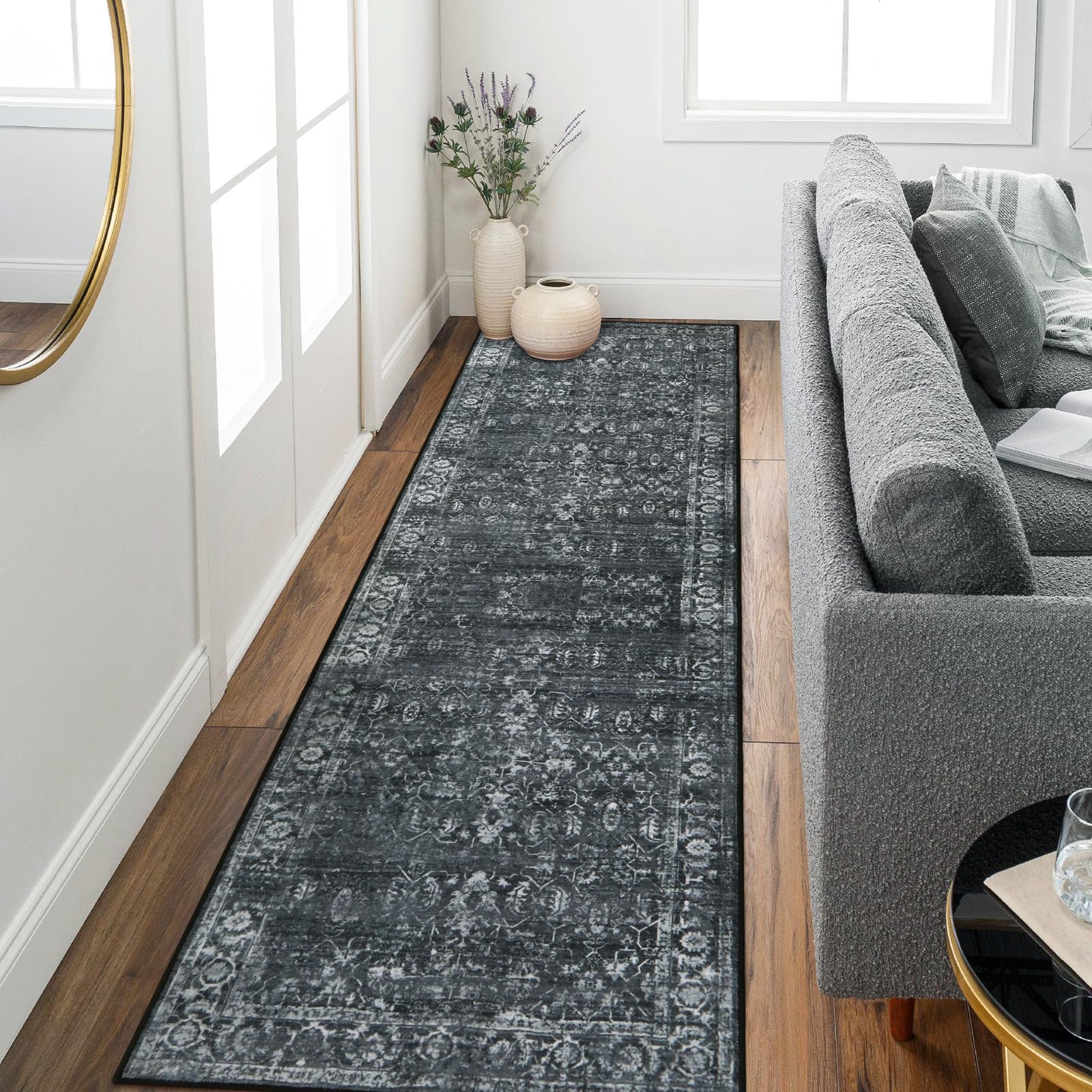 Morebes Black Vintage Floral Runner Rug 2.5x8 Feet - Non-Slip Rubber Backing, Washable Distressed Carpet for Hallway, Entryway, Bathroom, Laundry & Bedroom - Perfect for High Traffic Areas and Home Decor