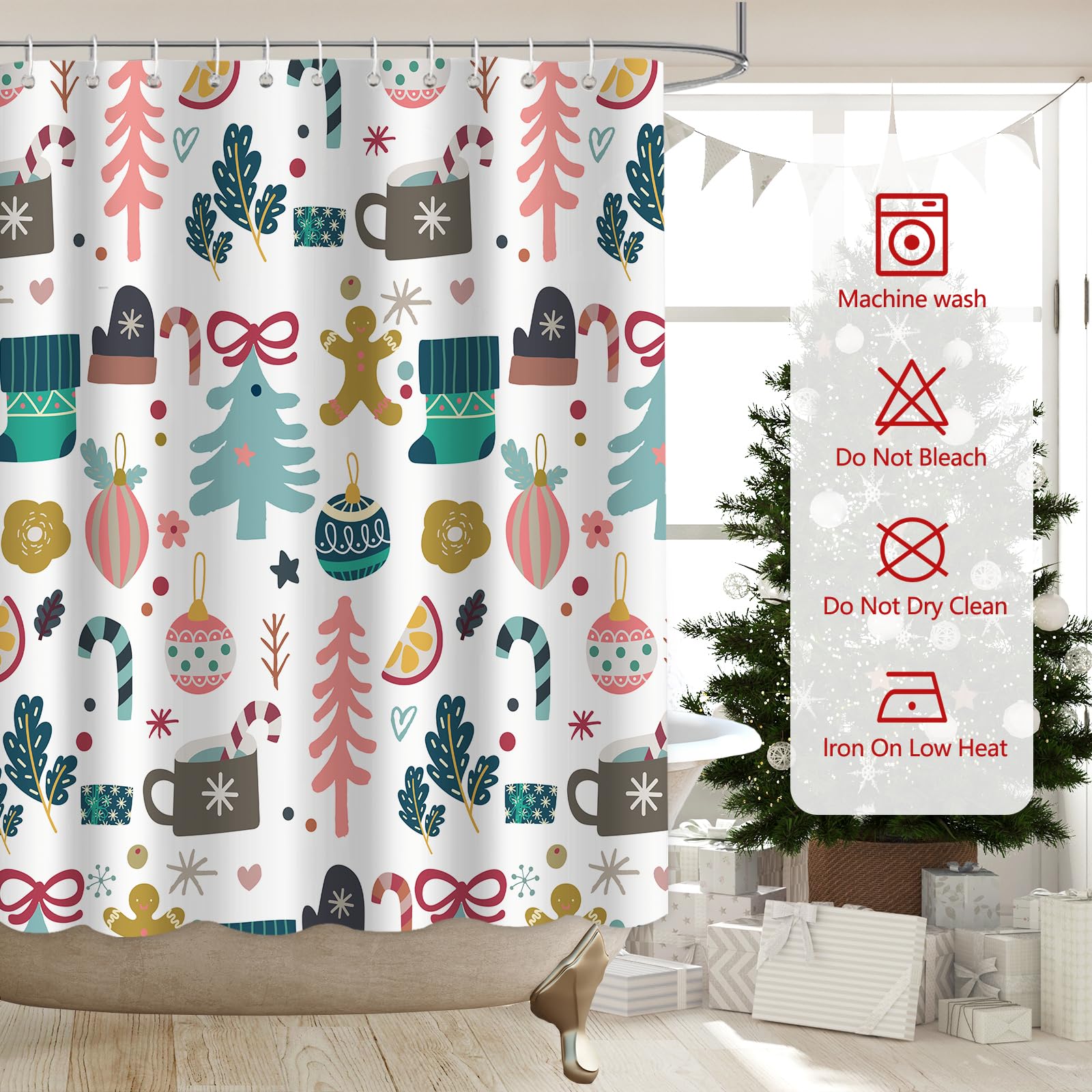 Christmas Shower Curtain - Waterproof Pink Xmas Tree & Gingerbread Man Holiday Bathroom Decor (72x72 inches with Hooks) | Perfect for Winter, New Year & Festive Bathroom Makeovers