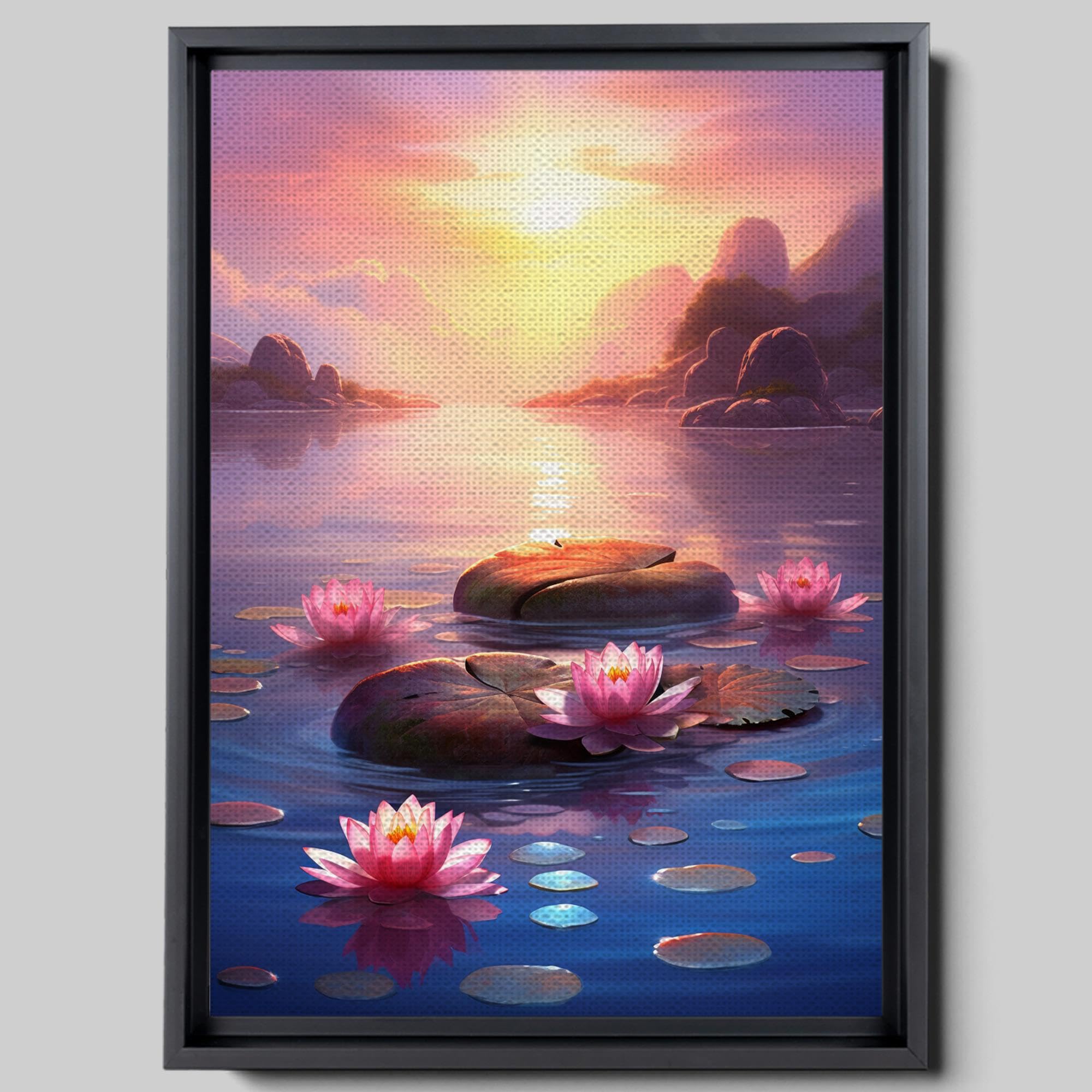 Zen Wall Art Canvas Print - Framed Zen Garden with Stone Flower & Peaceful Water Sunset Meditation Decor for Yoga Room, Living Room, and Office | Serene Scenery Home Decor