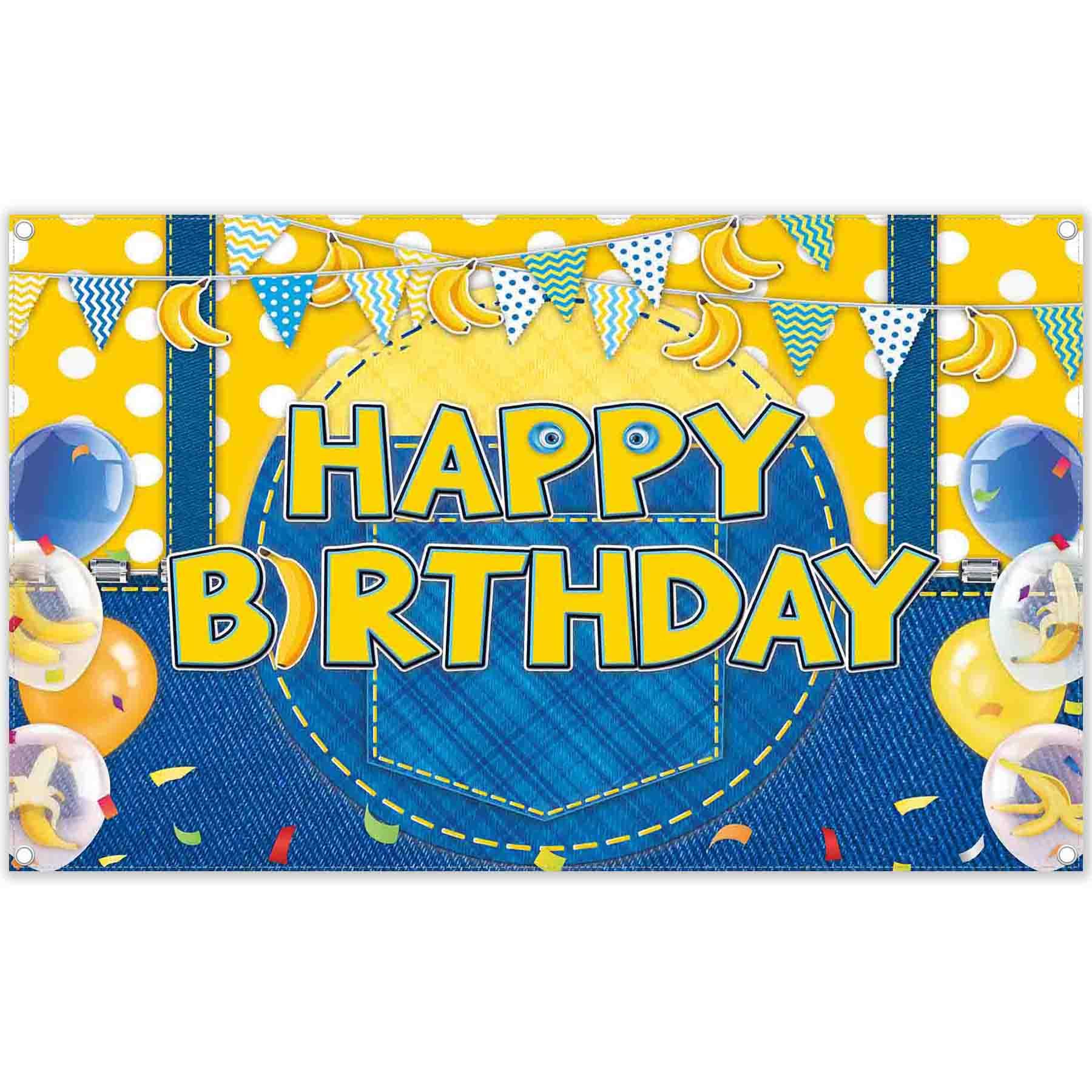 72x43 Inch Yellow Jeans Cartoon Happy Birthday Backdrop with Banana Balloons - Kids Party Decorations, Photo Booth Props & Cake Table Banner for Boys Birthday Celebrations