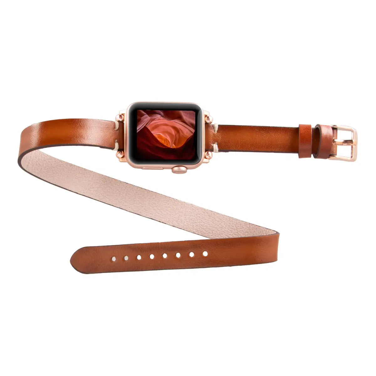 Genuine Brown Leather Double Tour Slim Strap for Apple Watch - Stylish & Comfortable Replacement Band for Work, Travel & Everyday Wear