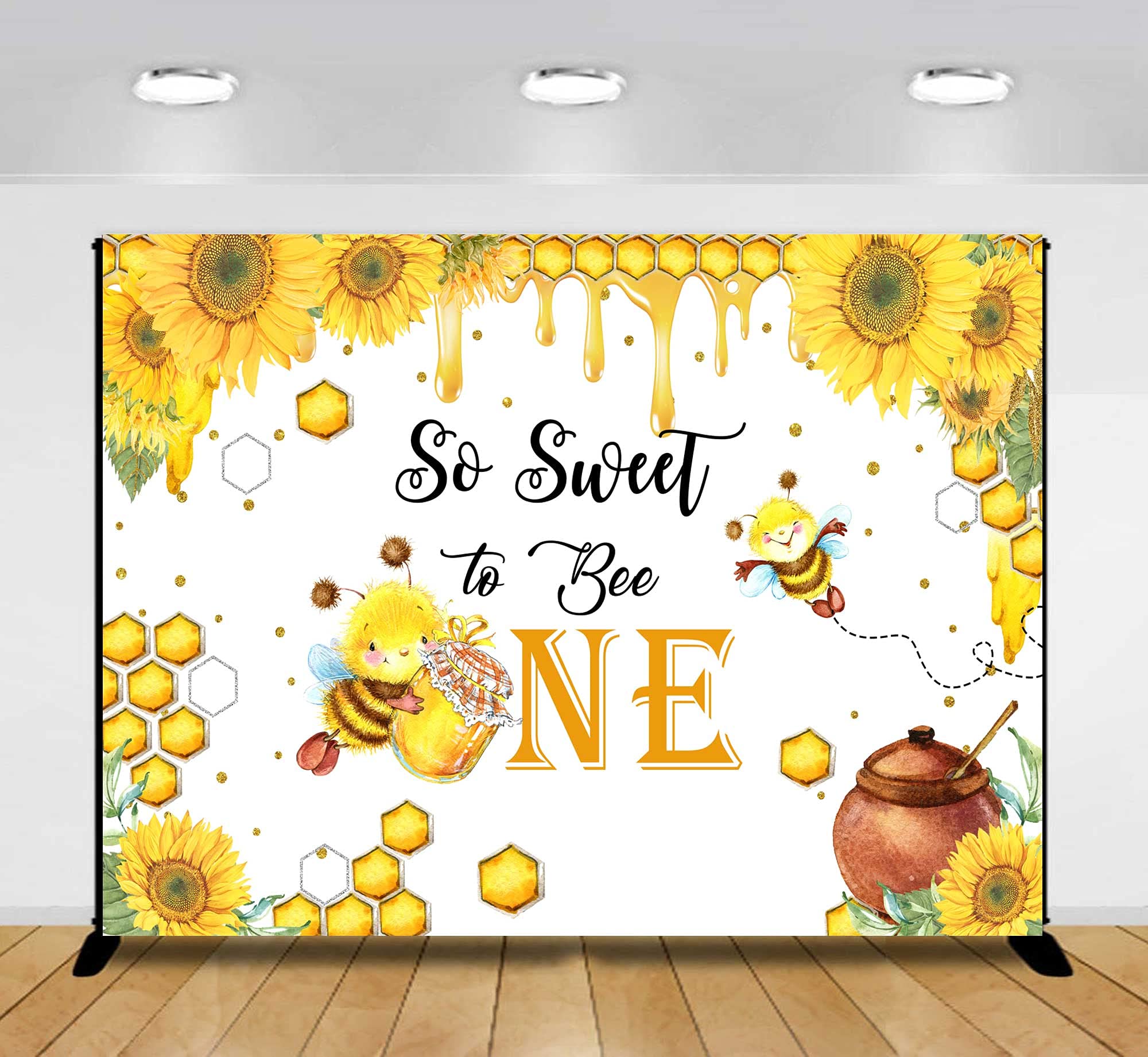 Sensfun Bee 1st Birthday Backdrop - Sweet Honeycomb Photography Background with Sunflowers Floral Decor | Perfect for Bee-Themed Birthday Parties, Photo Booth Props & Studio Photography (7x5ft)