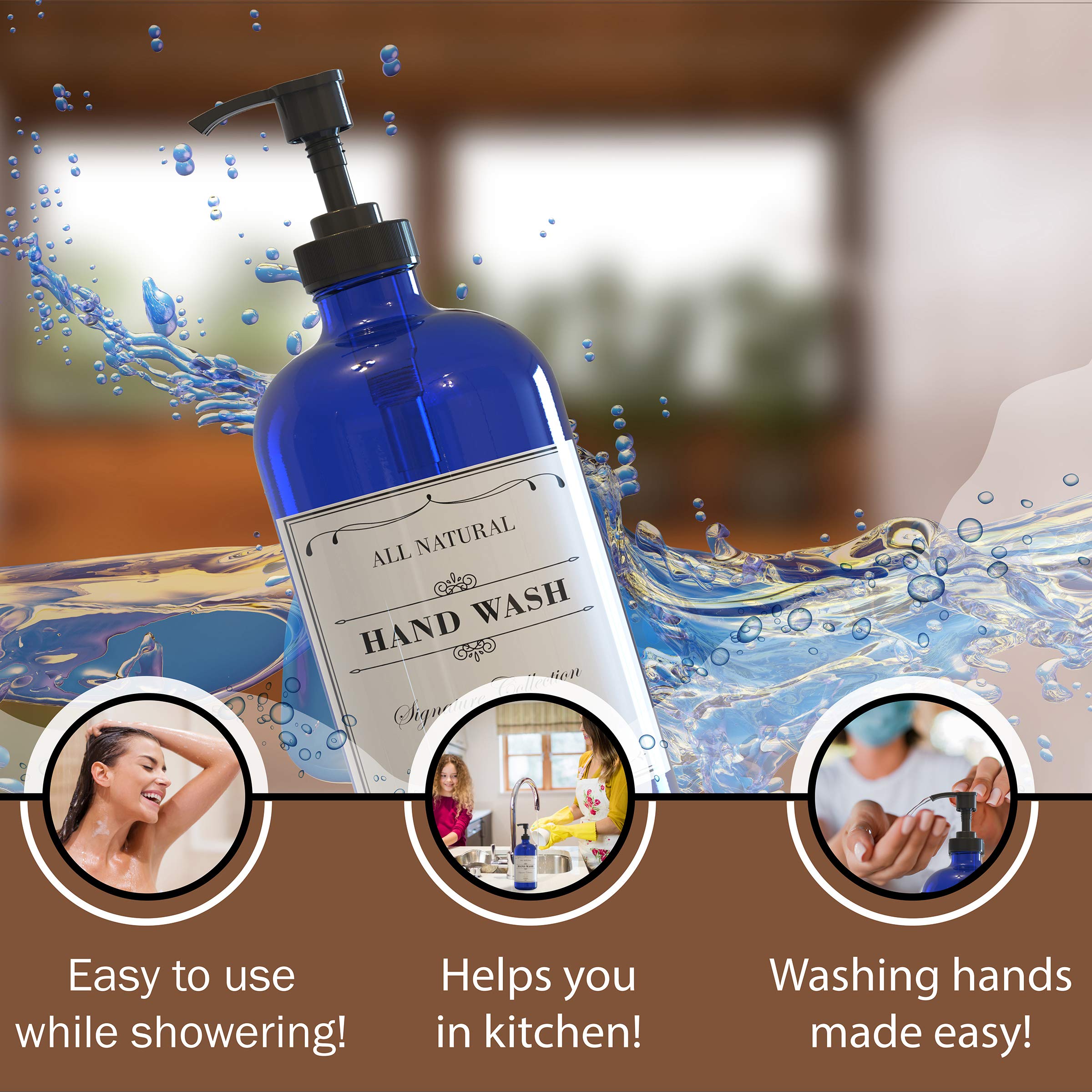 16 OZ Cobalt Blue Glass Soap Dispenser with Plastic Pump - 2 Pack Hand & Dish Soap Dispenser Set for Bathroom, Kitchen Sink - Includes 6 Waterproof Labels - Perfect for Liquid Soap, Hand Wash & Dish Detergent Storage