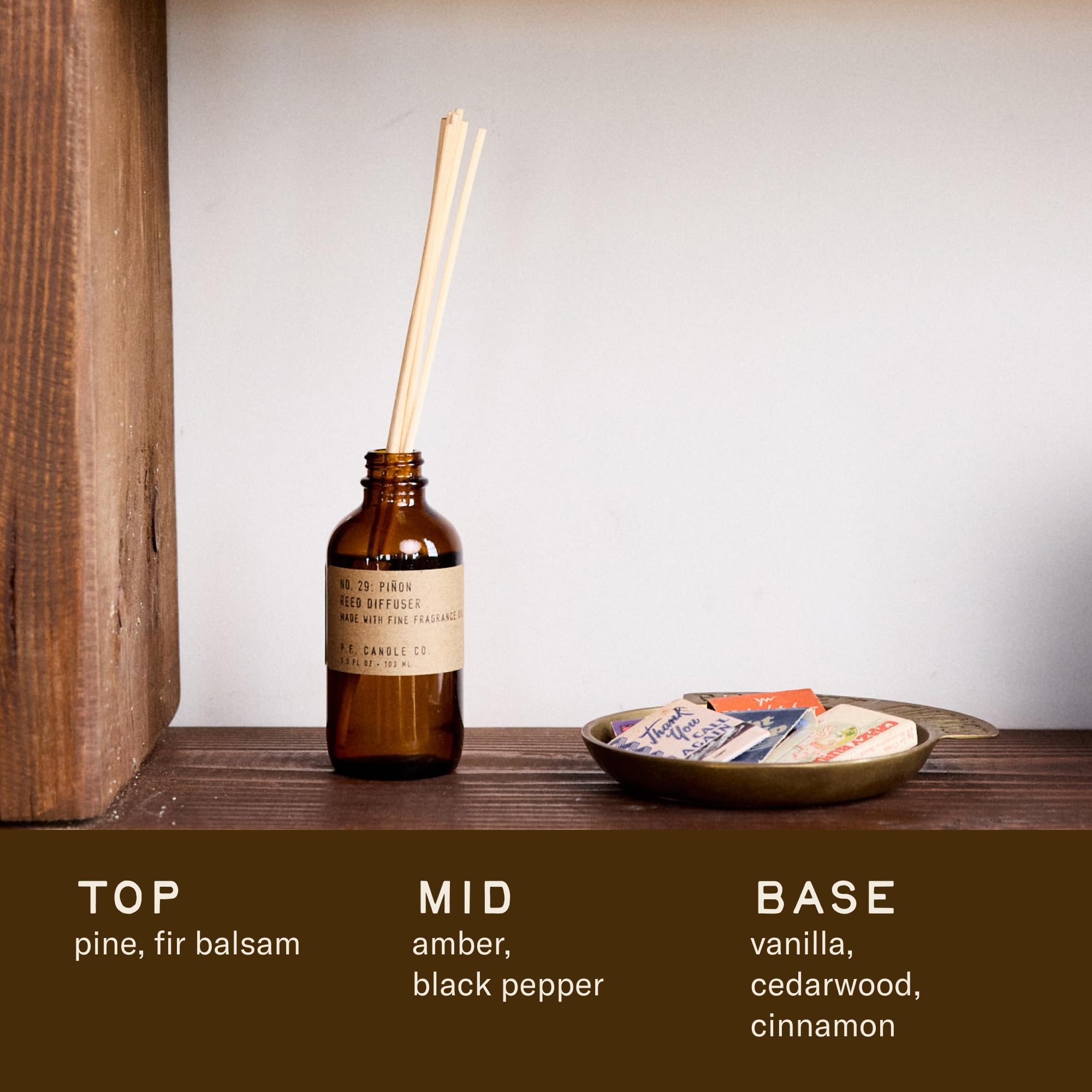 P.F. Candle Co. Piñon Classic Scented Rattan Reed Diffuser - 3.5 fl oz Amber Glass Jar with Fine Fragrance Oil | Long-Lasting Aroma for Home, Office & Bathroom | Low Maintenance Air Freshener for Relaxation & Stress Relief