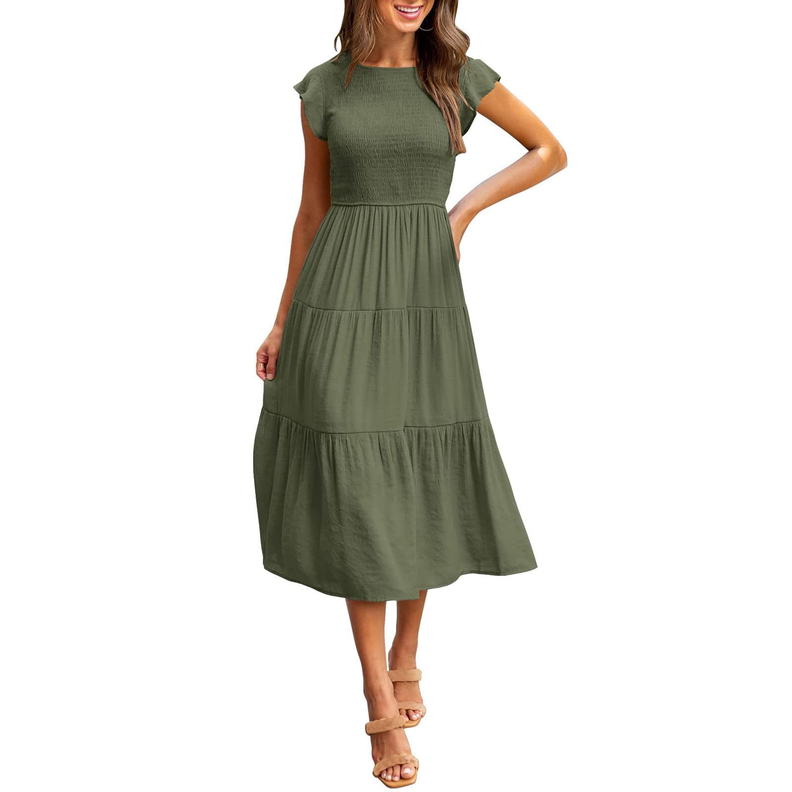 Women's Summer Midi Dress for Wedding Guest - Casual Flutter Short Sleeve Crew Neck Smocked Elastic Waist Tiered Army Green - Perfect for Garden Parties, Bridal Showers & Summer Events