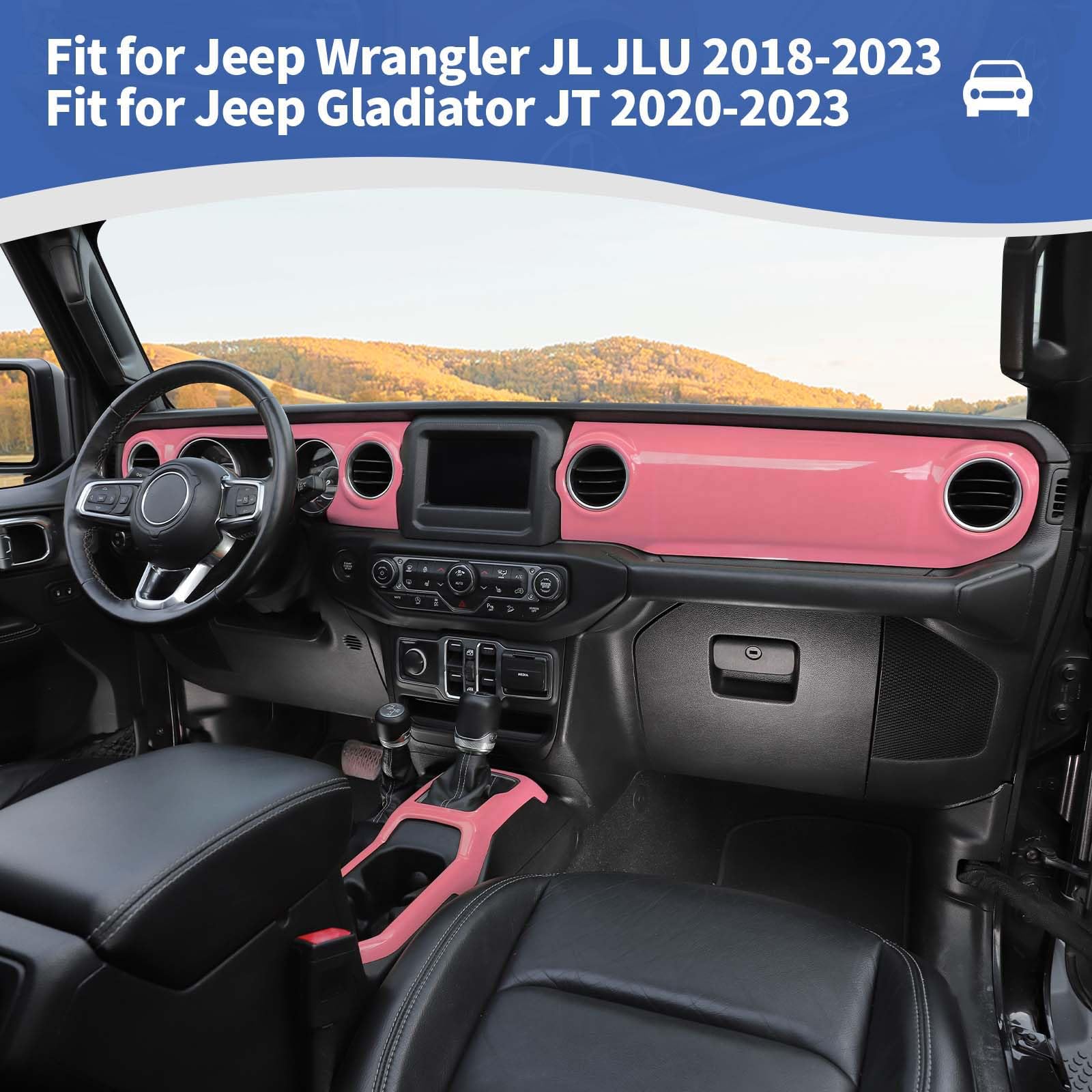 RT-TCZ Pink Dash Trim Cover & Gear Shift Panel Frame for Jeep Wrangler JL/JLU/Gladiator JT (2018-2023) - 3pc Interior Accessories for Stylish Customization & Off-Road Protection