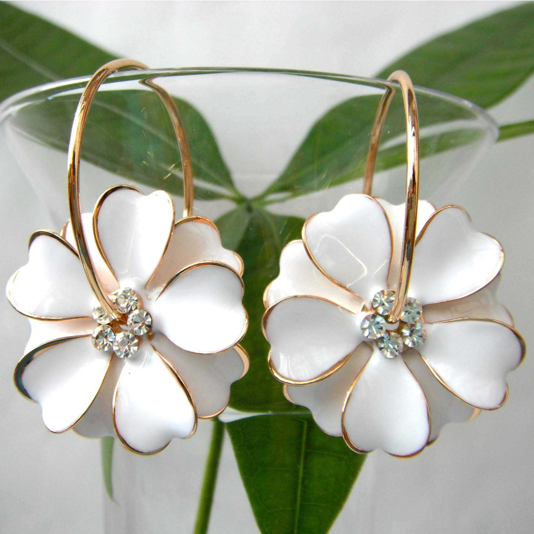 Navachi 18k Gold Plated Enamel Flower Crystal Hoop Earrings - 3cm Diameter | Elegant Dangle Earrings for Women | Perfect for Weddings, Parties & Everyday Wear