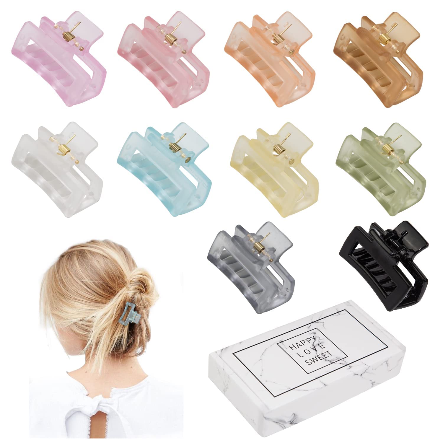 BELICIA Small Claw Hair Clips for Women & Girls - 1.5 Inch Mini Hair Jaw Clips for Thin to Medium Thick Hair - Matte Rectangle Nonslip Hair Clips with Gift Box (Black & Clear) - Perfect for School, Work, Travel & Everyday Hairstyles