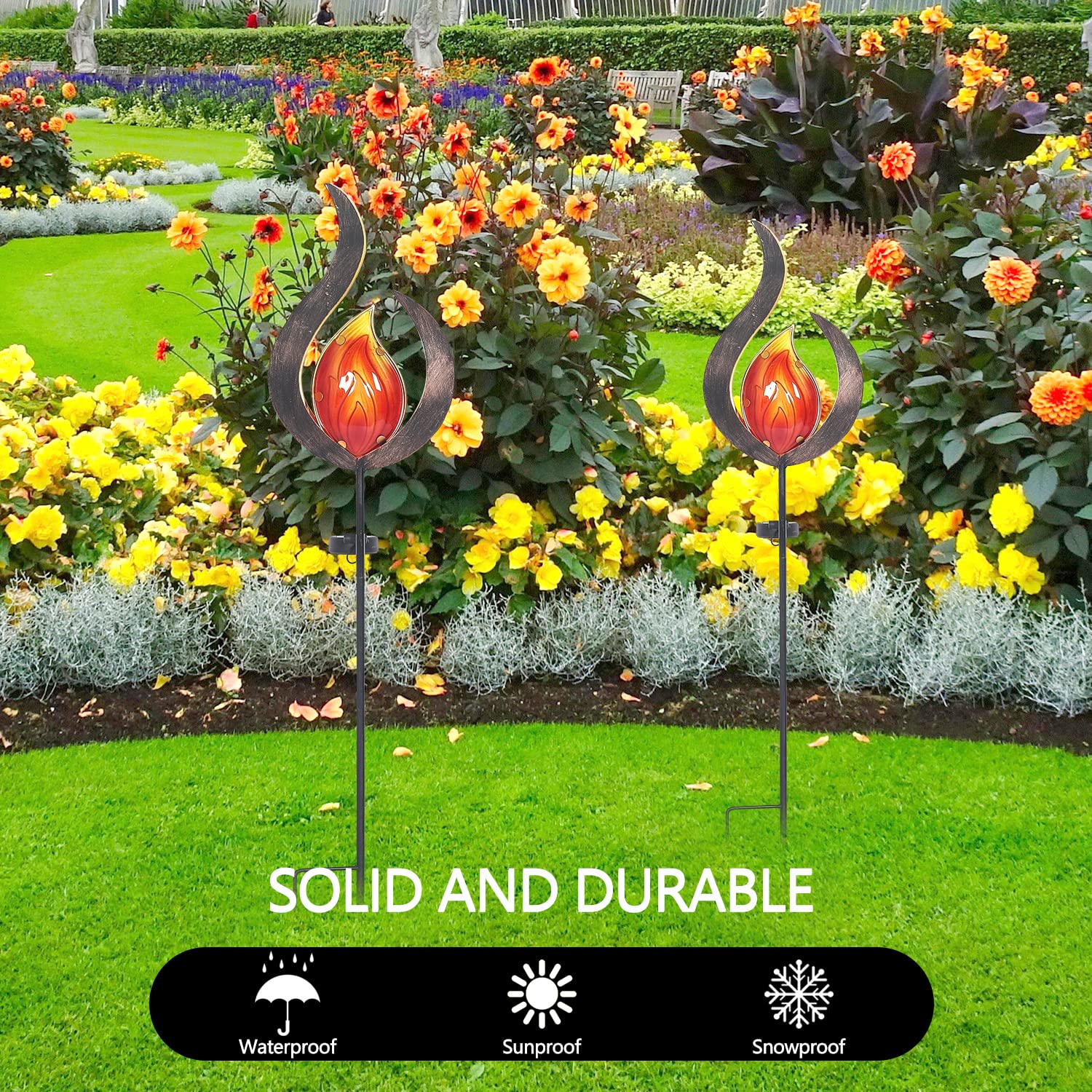 Solar Powered LED Flame Shape Outdoor Metal Sculpture - Garden Pathway Stake Lights for Lawn, Patio & Courtyard Decor | Weather-Resistant Solar Art for Landscape Lighting & Nighttime Ambiance