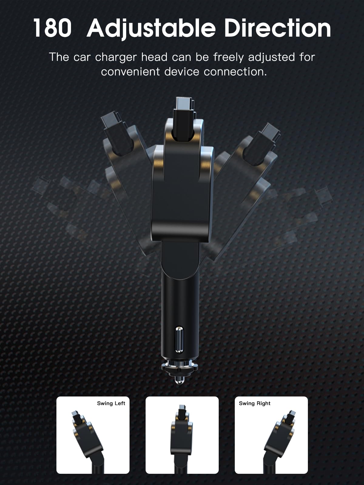 PDMAX 96W 4-in-1 Retractable Car Charger with Fast Charging - Dual USB-C & Lightning Cables + 2 USB Ports | Compatible with iPhone 16/15/14, Samsung Galaxy S24/S23/S22, Google Pixel | Perfect for Road Trips, Commuting & Multi-Device Charging