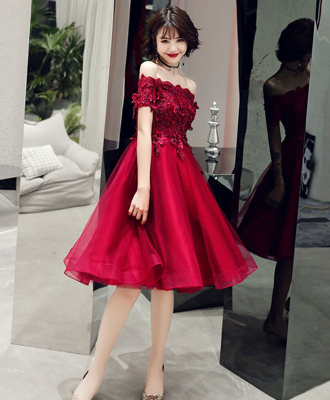 Burgundy Lace Off Shoulder Short Prom Dress for Women - Elegant Homecoming Dress for Party, Formal Events & Special Occasions