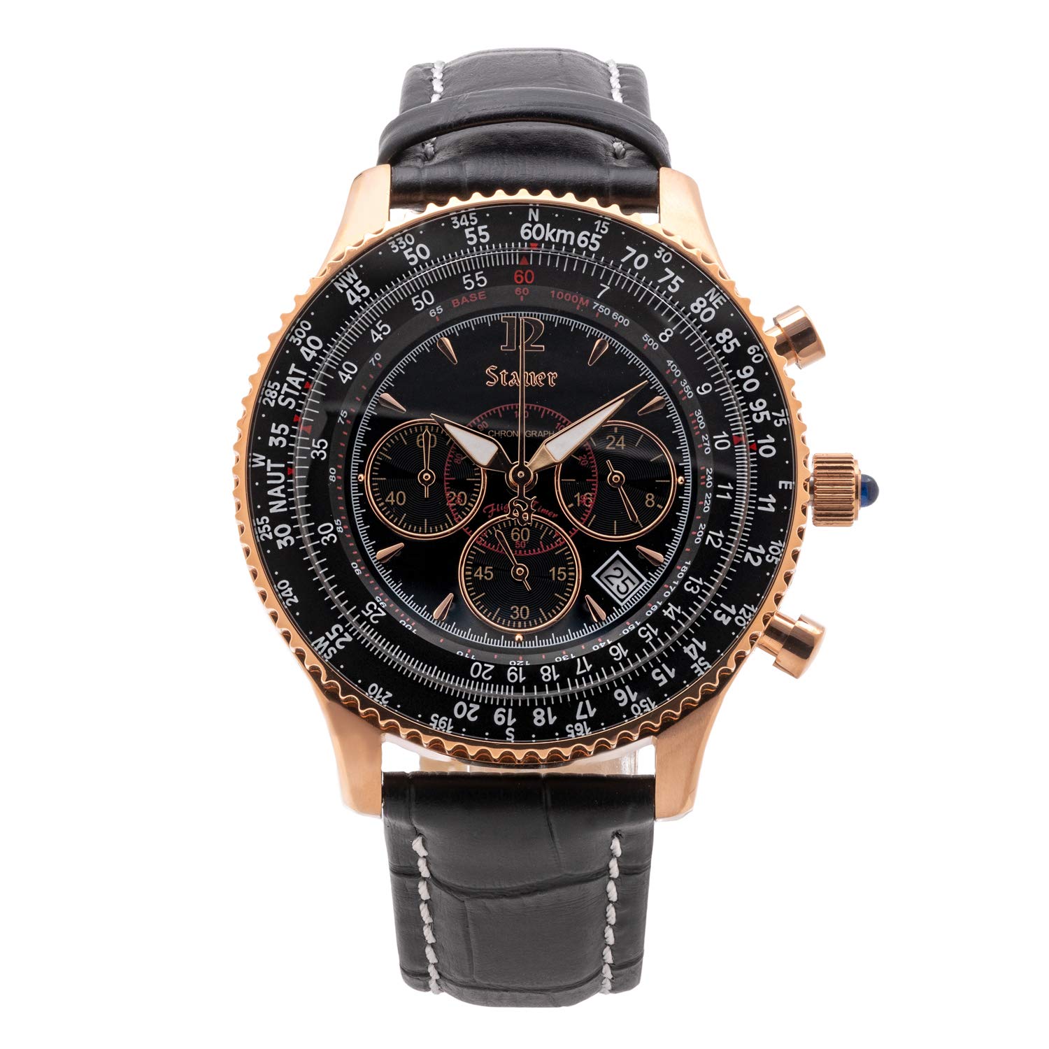 Stauer 1916 Midnight Flyboy Men's Vintage Chronograph Watch – Genuine Crocodile-Embossed Black Leather Band – Stainless Steel Back & Rose Gold Case – Luxury Gift for Him – Perfect for Formal Events, Business Meetings & Special Occasions