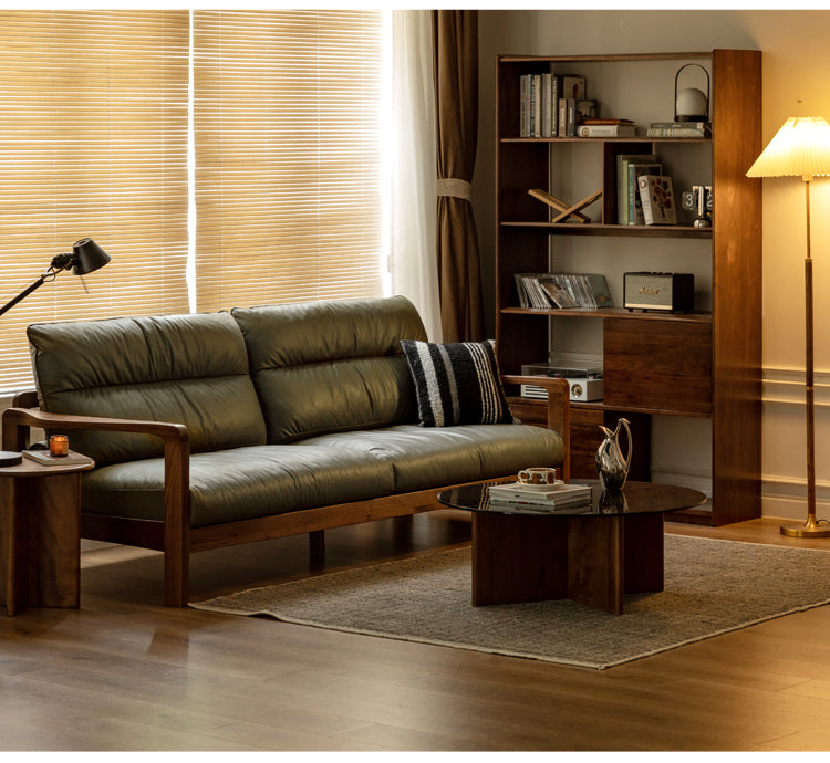 Premium Black Walnut Solid Wood Leather Sofa - Modern Luxury Living Room Furniture for Home & Office (Perfect for Lounging, Entertaining & Relaxing)