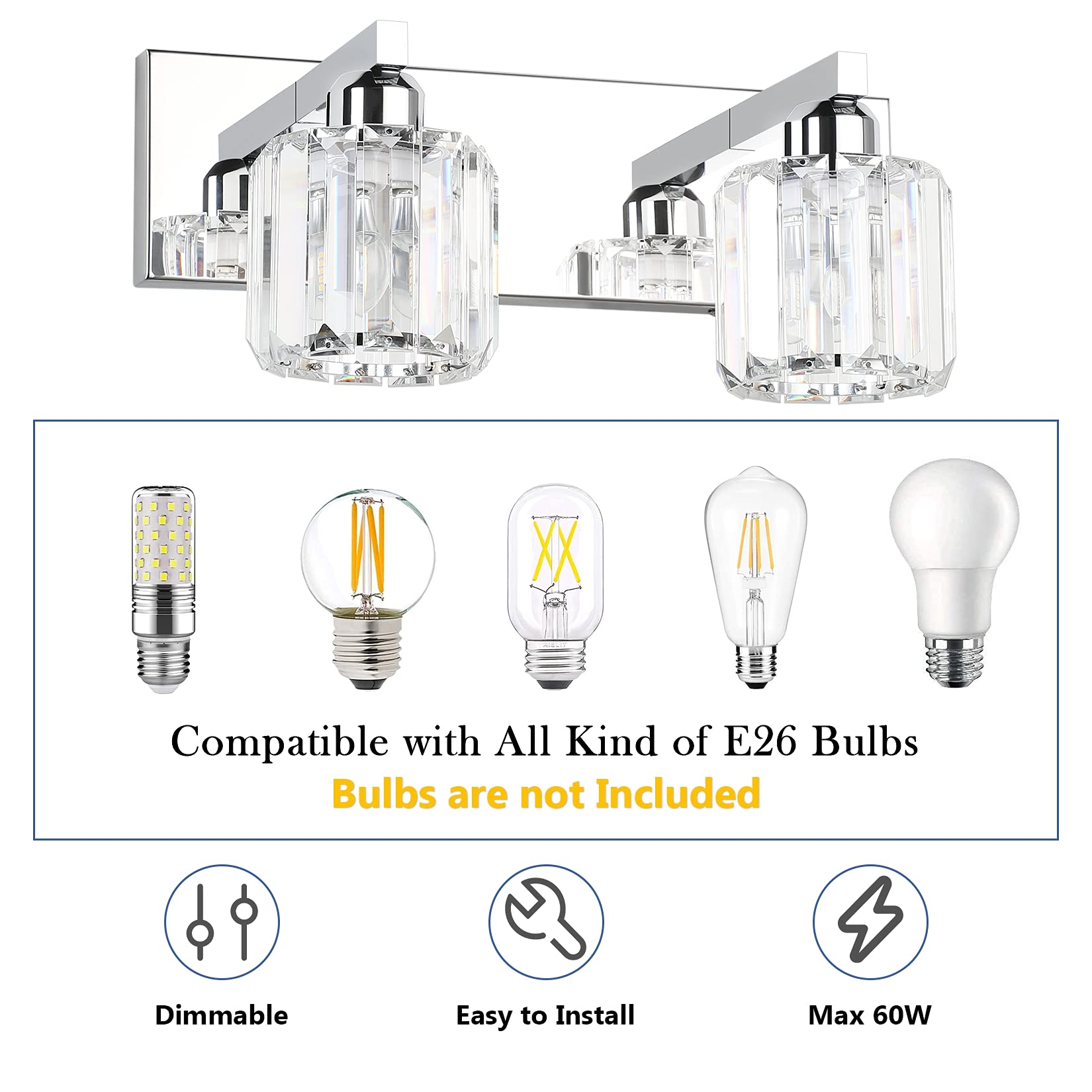 Crystal Vanity Lights for Bathroom - 2-Light Stainless Steel Fixture (No Bulb) - Perfect for Modern Bathroom Makeover