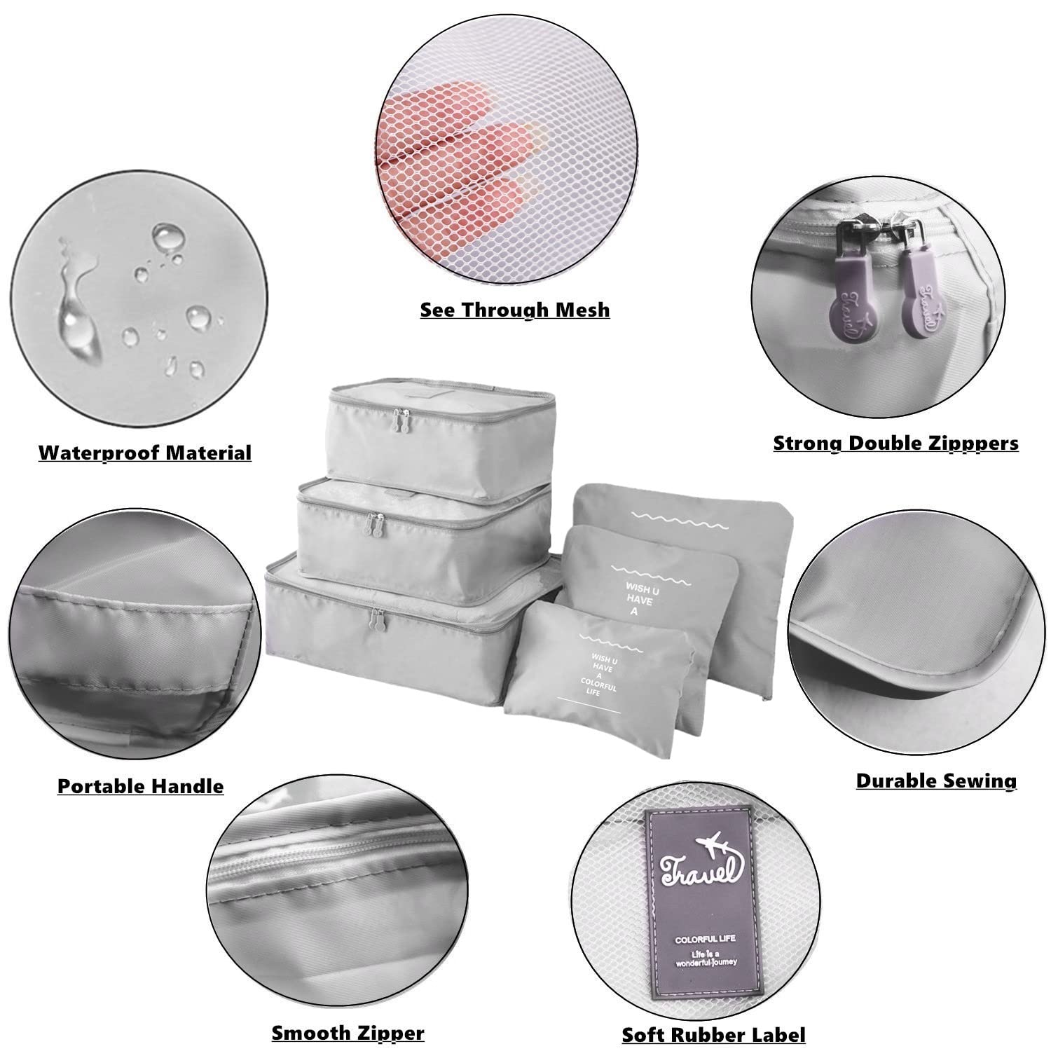 6-Piece Packing Cubes Set - Light Grey Travel Organizer Bags for Clothes & Laundry | Compression Storage Pouches for Suitcase, Carry-On Luggage | Perfect for Business Trips, Vacations & Weekend Getaways