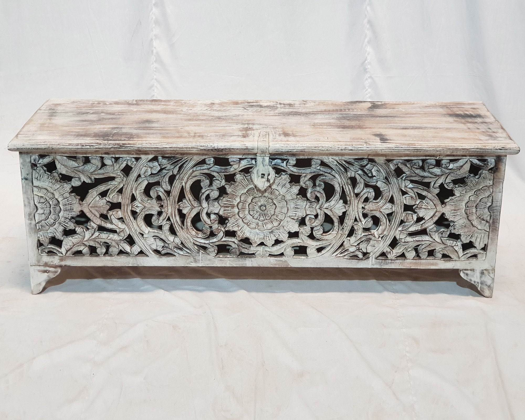French Hand Carved Blanket Box - Whitewashed Rustic Storage Chest 55x17x20 Inches - Perfect for Bedroom, Living Room & Farmhouse Decor