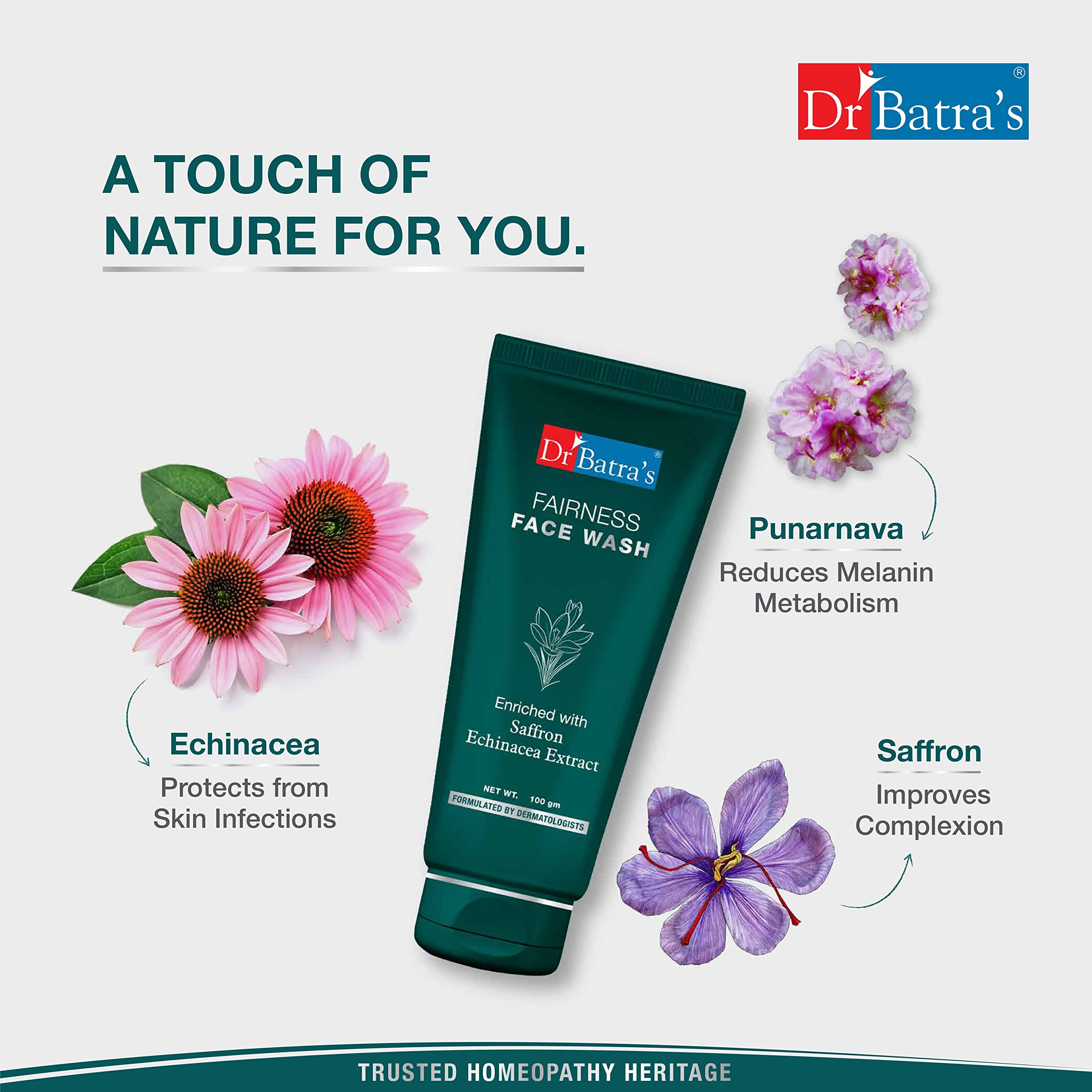 Dr. Batra's Fairness Face Wash with Echinacea & Saffron Extract - Brightening & Rejuvenating Face Wash for Natural Glow, Reduces UV Damage & Promotes Healthy Skin (100g) - Perfect for Daily Skincare Routine & Sun Protection