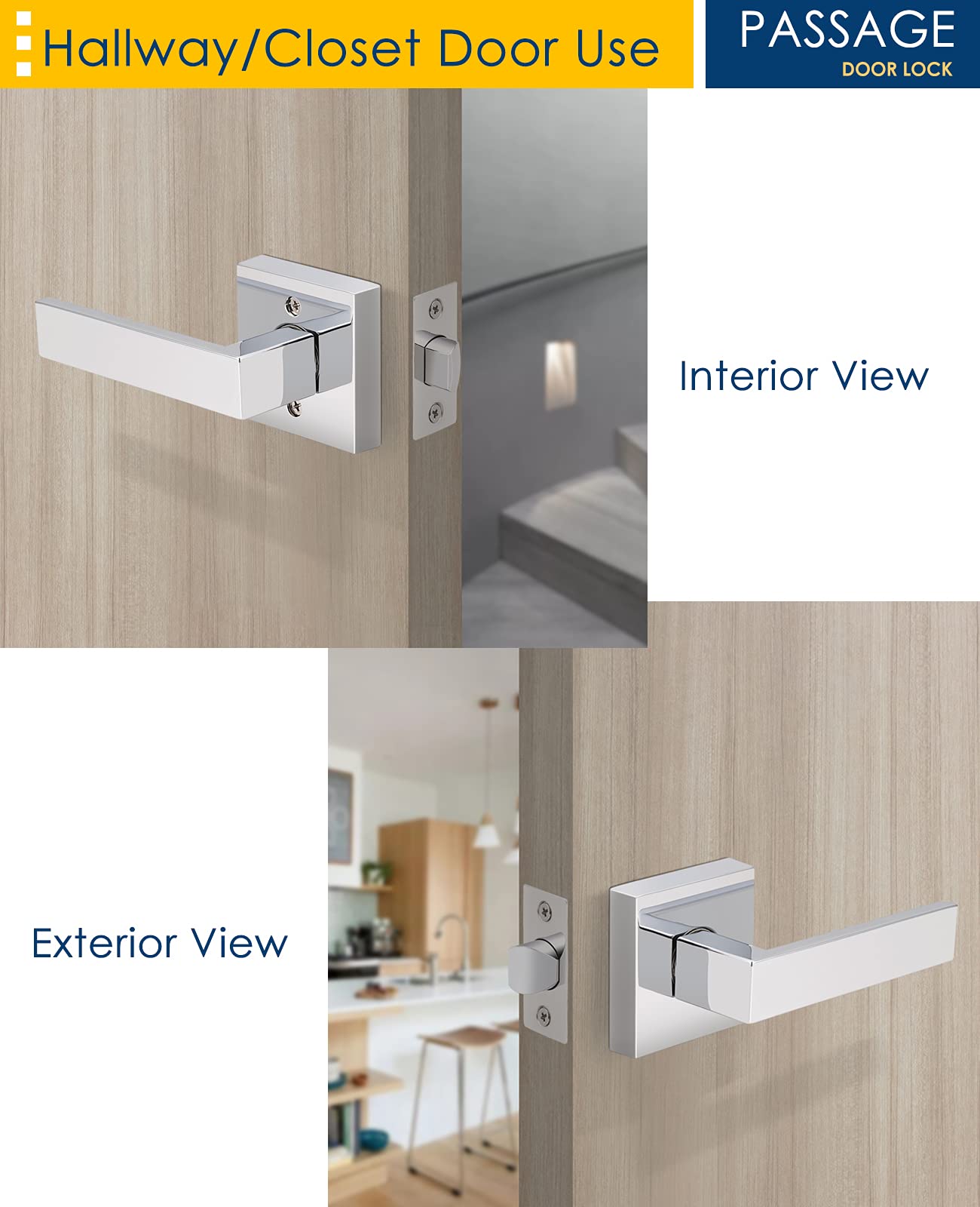 10 Pack No Lock Passage Door Lever Handle Set - Reversible for Right/Left Handed Doors - Heavy Duty Polished Chrome Square Lever - Ideal for Interior/Exterior Residential & Commercial Use - Perfect for Bedrooms, Offices, and Public Spaces