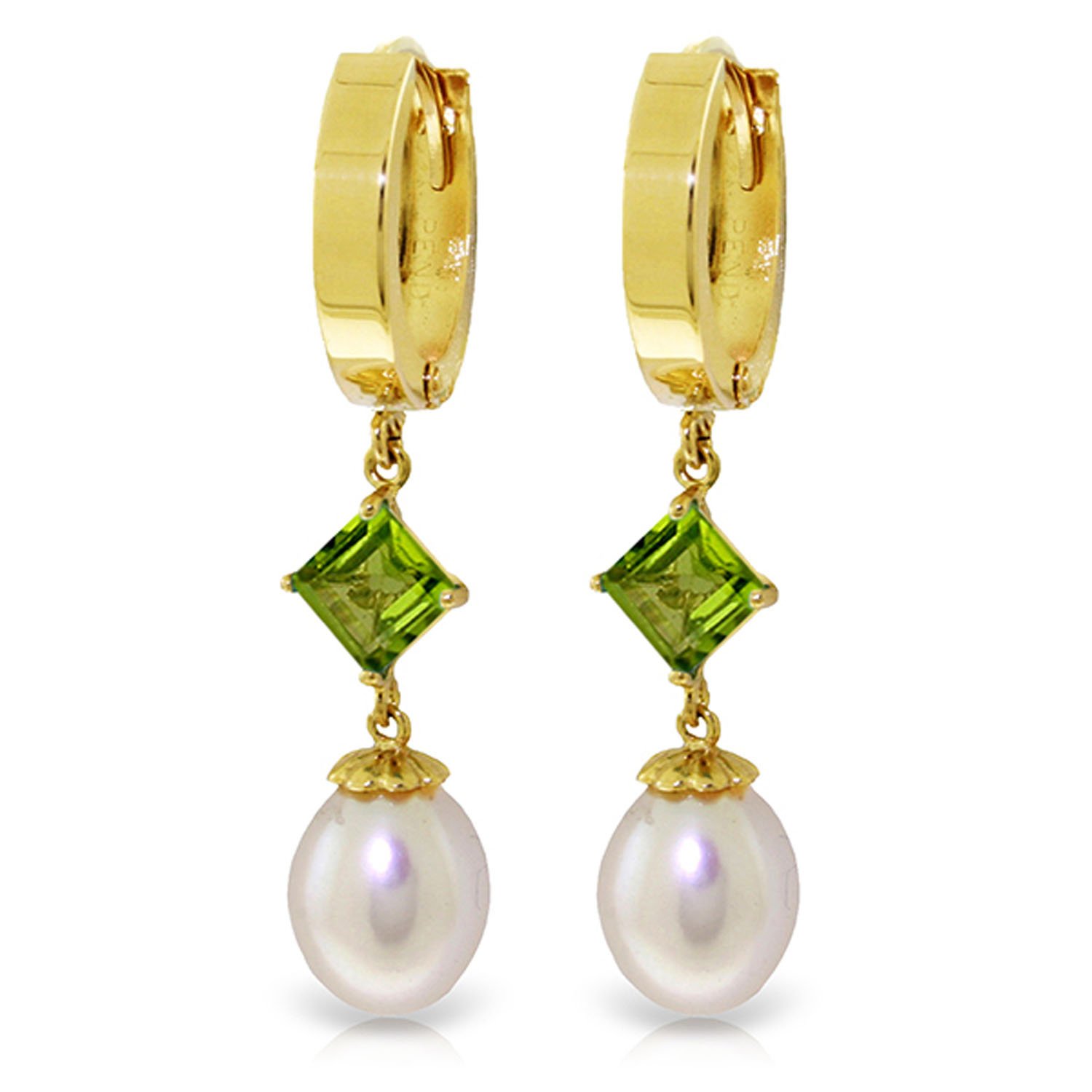 14K Solid Gold Hoop Earrings with Natural Pearls & Peridots | Galaxy Gold GG | Elegant Dangle Earrings for Women | Perfect for Weddings, Parties & Special Occasions