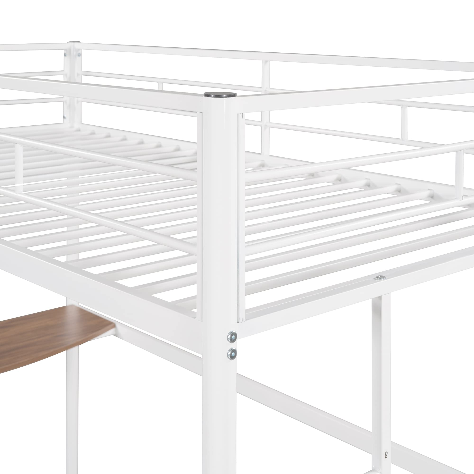 Twin Over Full Metal Bunk Bed with Study Desk, Safety Ladder & Reinforced Slats - Space Saving Kids Bedroom Furniture (White) - Perfect for Small Rooms, Shared Kids' Bedrooms & Dormitories