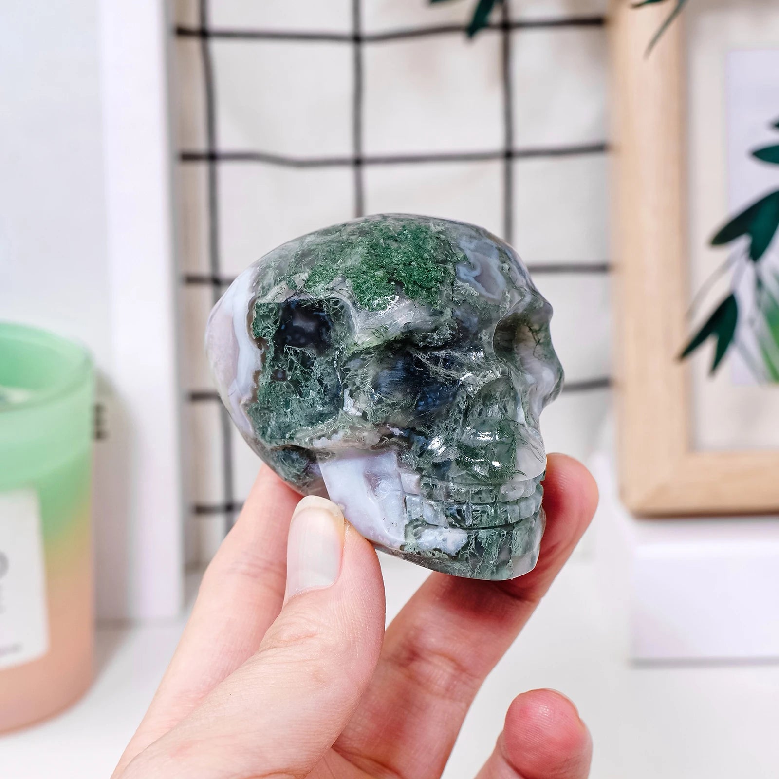 1PC Natural Moss Agate Crystal Skull - Hand Carved Healing Stone for Reiki, Meditation & Home Decor - Perfect for Spiritual Healing, Yoga Spaces & Gothic Decor