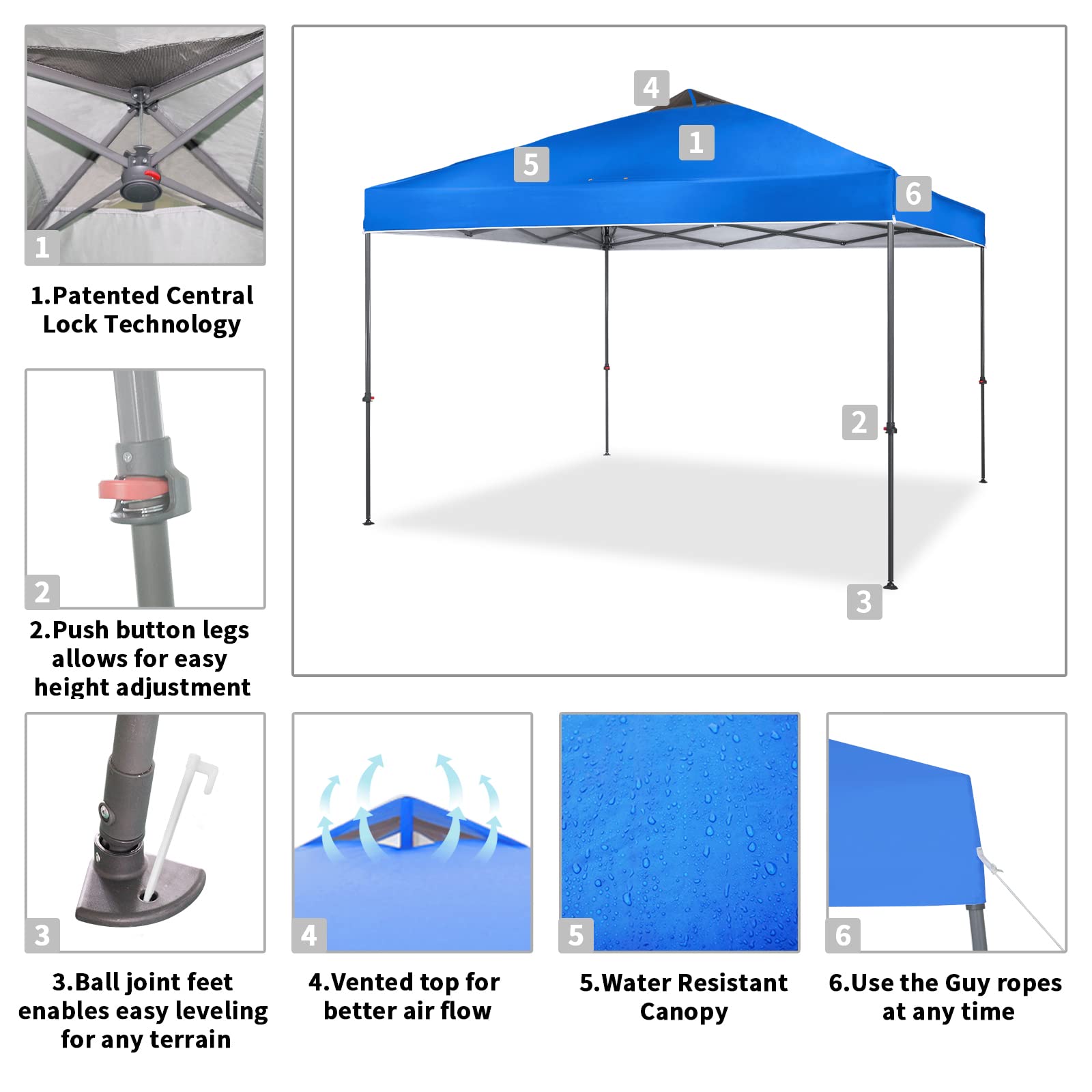 CROWN SHADES 10x10 Pop Up Canopy Tent - Portable Outdoor Canopy with Carry Bag, Instant Shelter for Camping, Beach, Picnics, Sports Events (Blue) - Weather Resistant & Easy Setup