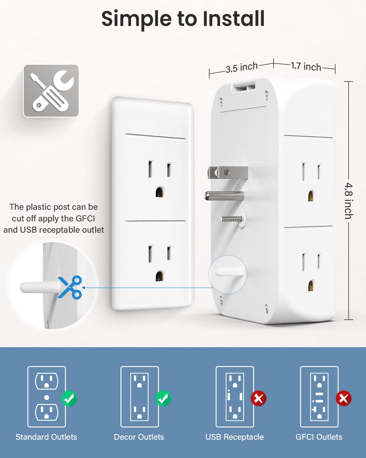 Wall Outlet Extender with Shelf & Night Light - 5 AC Outlets, 3 USB Ports & 1 USB-C Port - Surge Protector Power Strip for Home, Office & Bedroom - Multi Plug Outlet with Wide Spacing for Charging Phones, Laptops & Devices