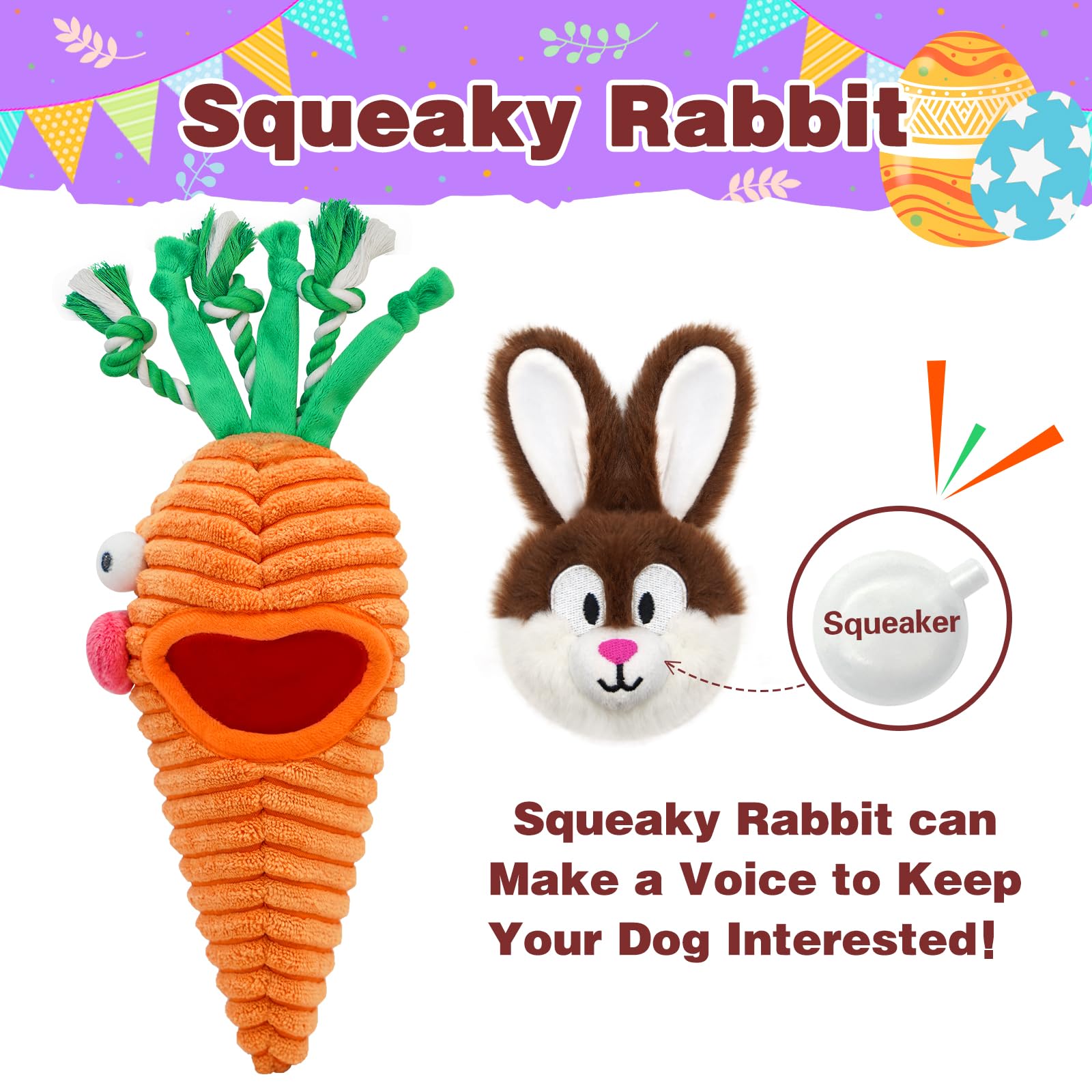 Easter Dog Toys for Small & Medium Dogs - Hide & Seek Squeaky Puzzle Toys with Rope, Cute Bunny & Carrot Design - Interactive Chew Toys for Teething Puppies - Perfect Easter Gift for Dogs & Fun Indoor Playtime