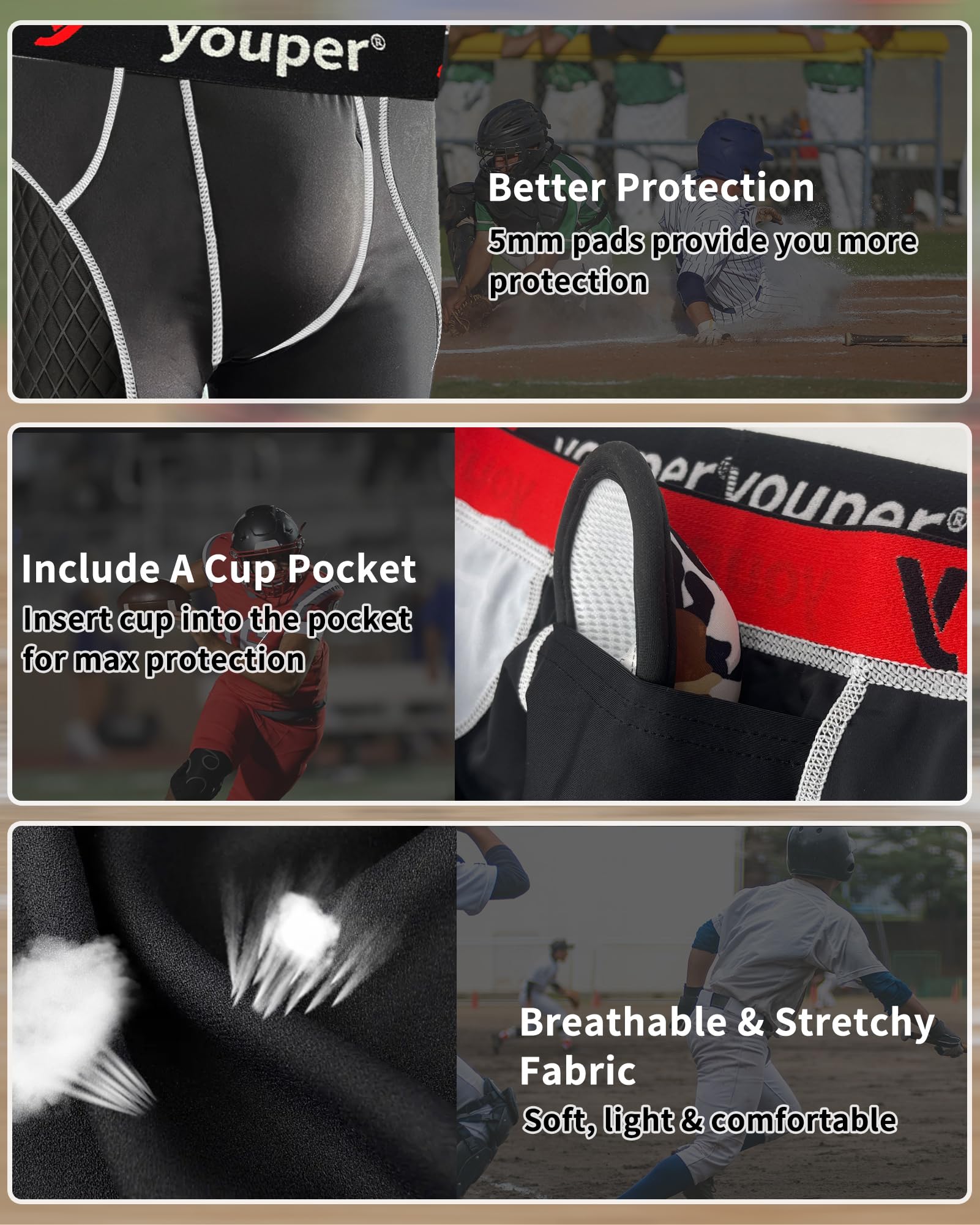 Youper Adult Elite Padded Sliding Shorts with Cup Pocket - Men's Protective Baseball & Football Slider Shorts for Sports Training, Games & Outdoor Activities