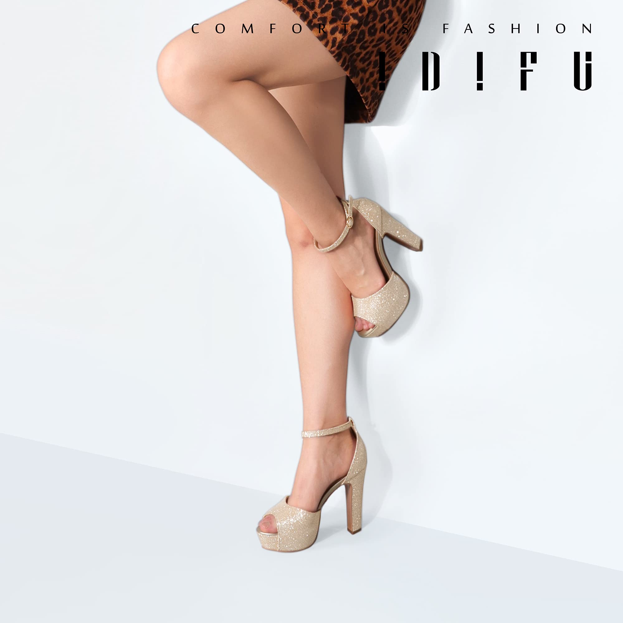 IDIFU Women's Chunky Heel Peep Toe Ankle Strap Sandals - Platform High Heels for Wedding, Party & Evening Events - Comfortable Bridal Shoes for Women