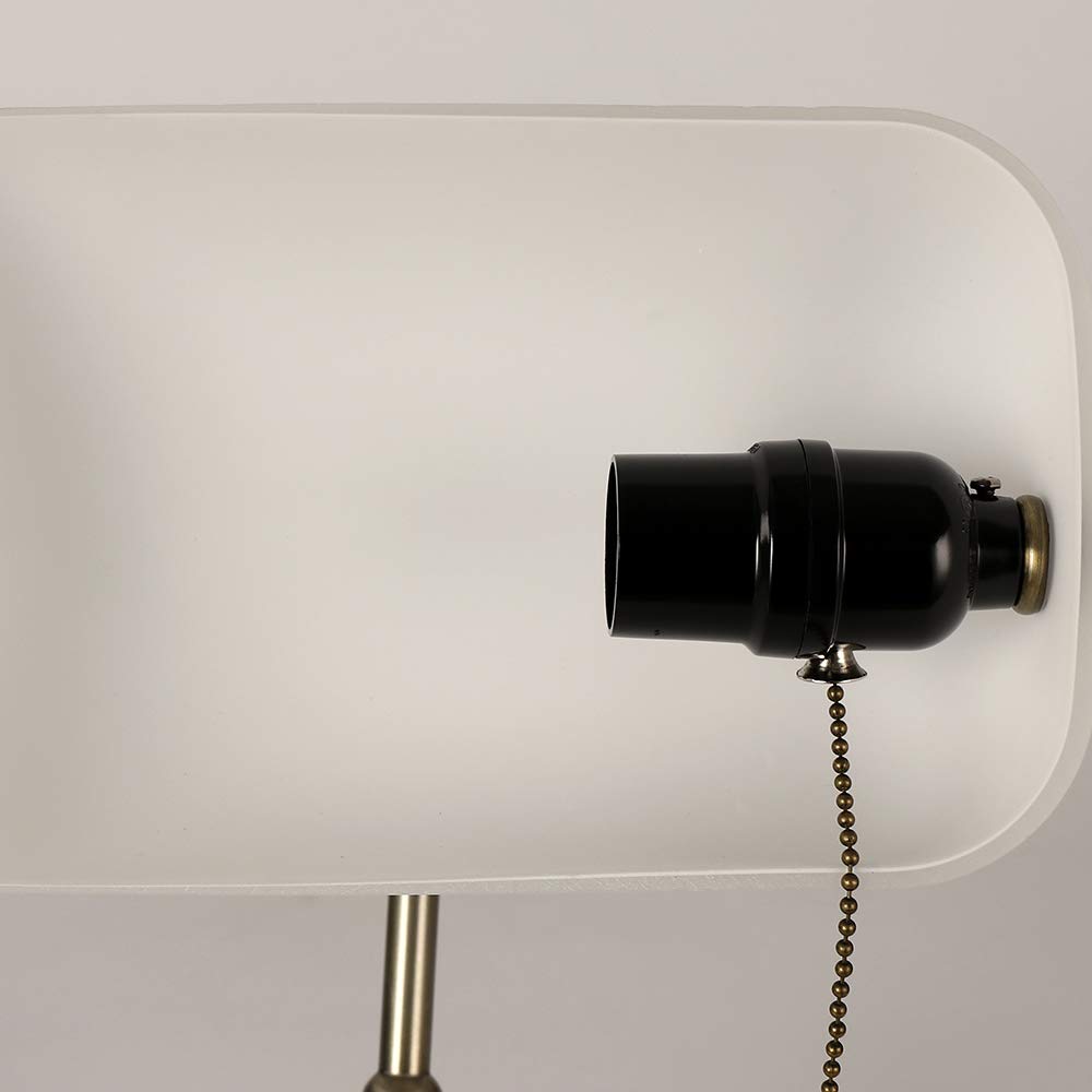 Newrays White Matted Glass Bankers Desk Lamp with Pull Chain Switch - Plug-in Fixture for Home Office, Study & Reading (Modern Task Lighting)
