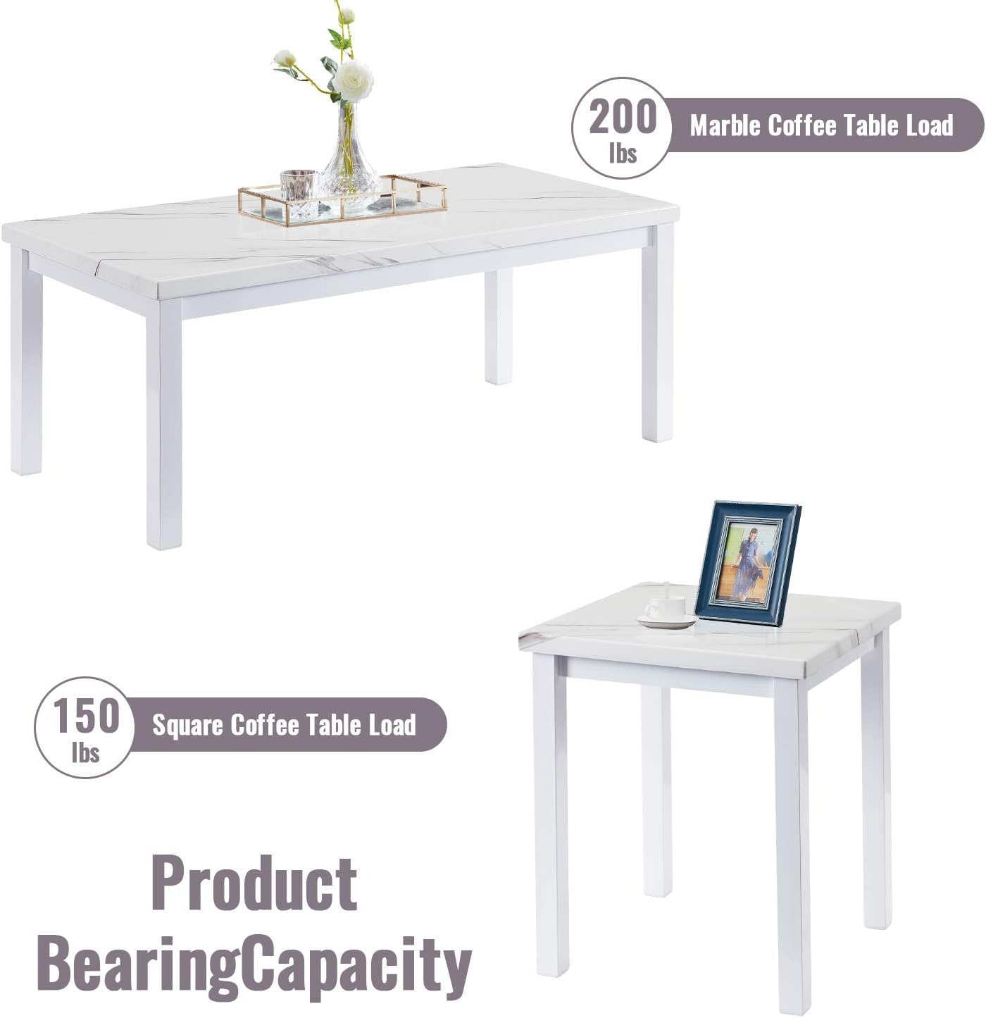Recaceik 3-Piece Coffee Table Set with Faux Marble Top & Metal Frame - Modern Living Room Furniture in White (42.12x20.07x16.34 inches) - Perfect for Small Spaces, Apartments & Cozy Home Decor